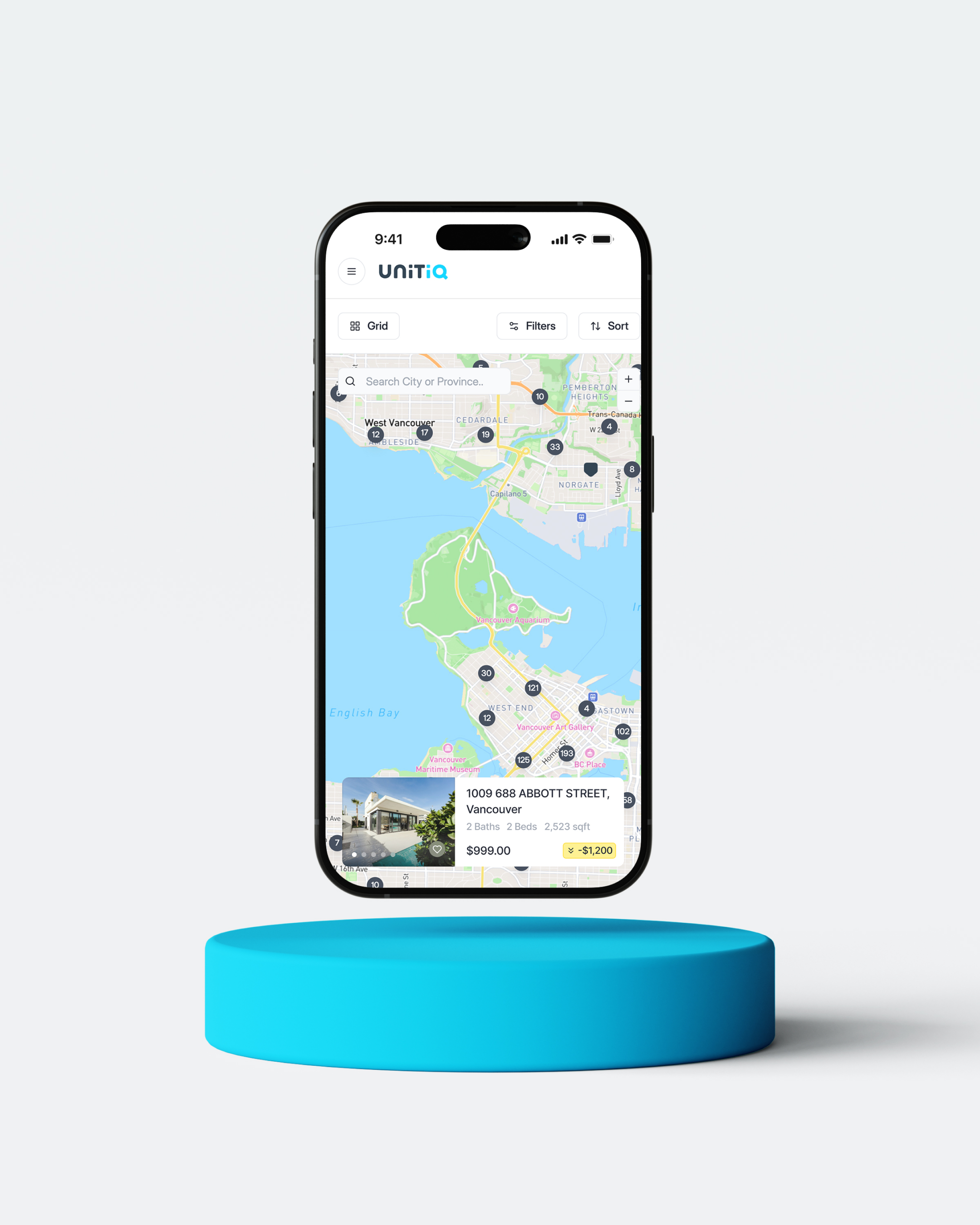UnitIQ property listing map on a smartphone, showing pricing and a rental yield estimate, displayed on a blue pedestal.
