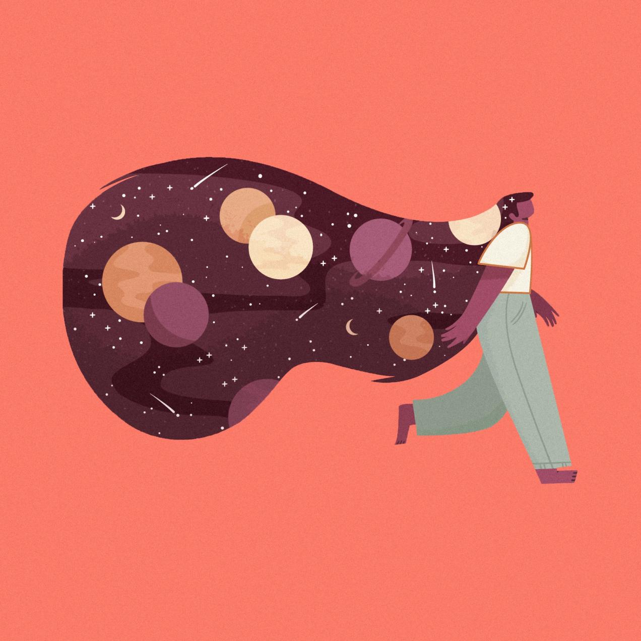 Illustration of a person with cosmic hair full of planets, symbolizing imagination and creativity