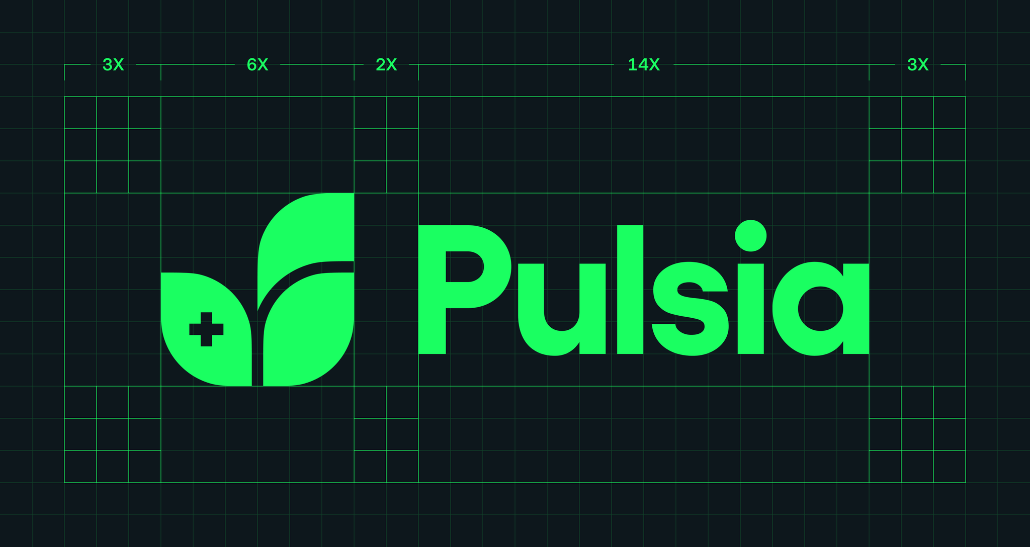 Pulsia logo featuring a green leaf with a medical cross, designed on a grid layout, highlighting branding and modern design for health-related services.