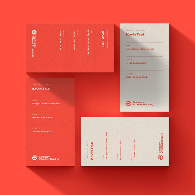 Berkeley Student Housing business cards with modern branding design, featuring contact details for Property Manager Kevin Tsui.