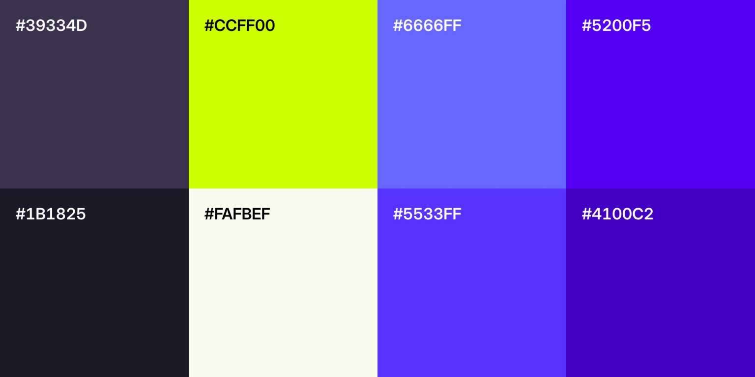 Modern UI color palette with 8 HEX color swatches including neon lime, deep purple, soft white, and vivid blue tones for web and graphic design.