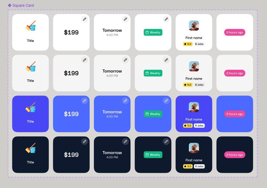 Grid of square UI cards in Figma in light, blue, and dark themes, each card showing different elements such as an icon with title, price ($199), scheduled time (Tomorrow 4:00 PM), weekly status badge, user profile with rating and jobs, and a “2 hours ago” label.