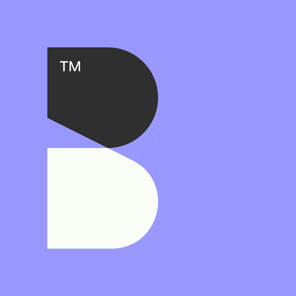 Minimalist 'B' logo design with black, white, and purple color scheme, featuring modern typography and geometric shapes.