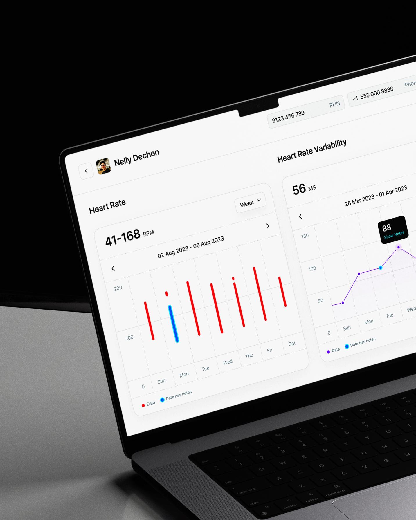 Custom dashboard design for a health tracking app, showcasing weekly heart rate and variability data with interactive features and user-friendly interface.