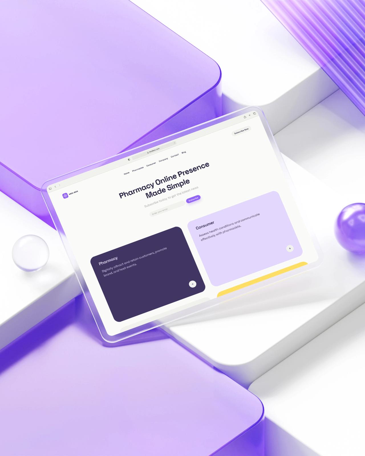 Website design for a pharmacy online presence, showcasing a clean, modern layout with sections for pharmacy and consumer services.