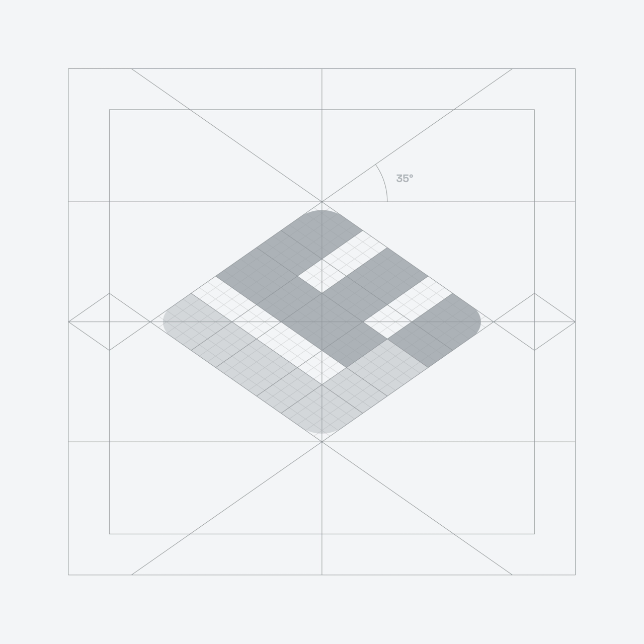Isometric grid-based design of a stylized letter "E" logo, composed of shaded gray and white blocks.