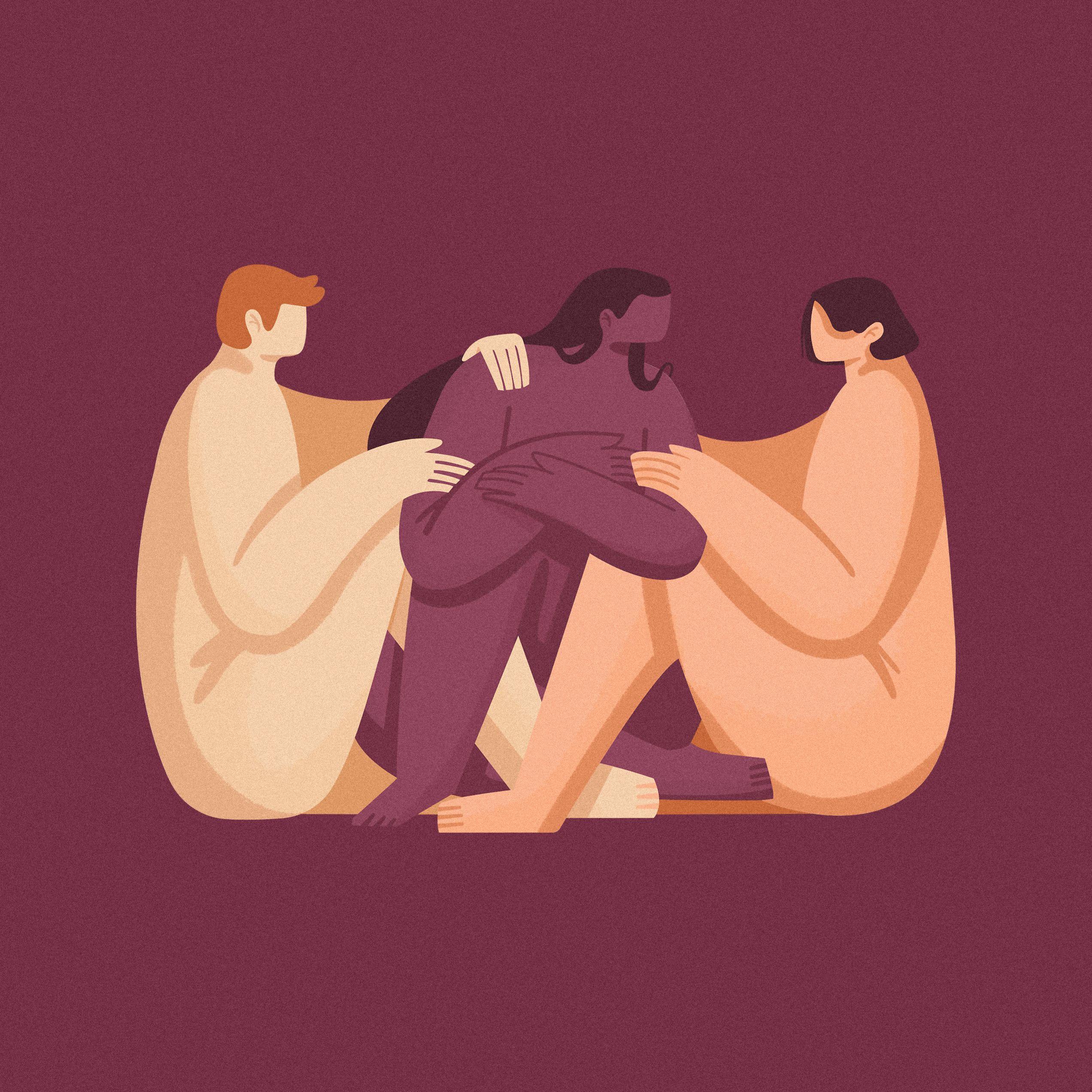 Three seated figures embrace and comfort one another against a burgundy background