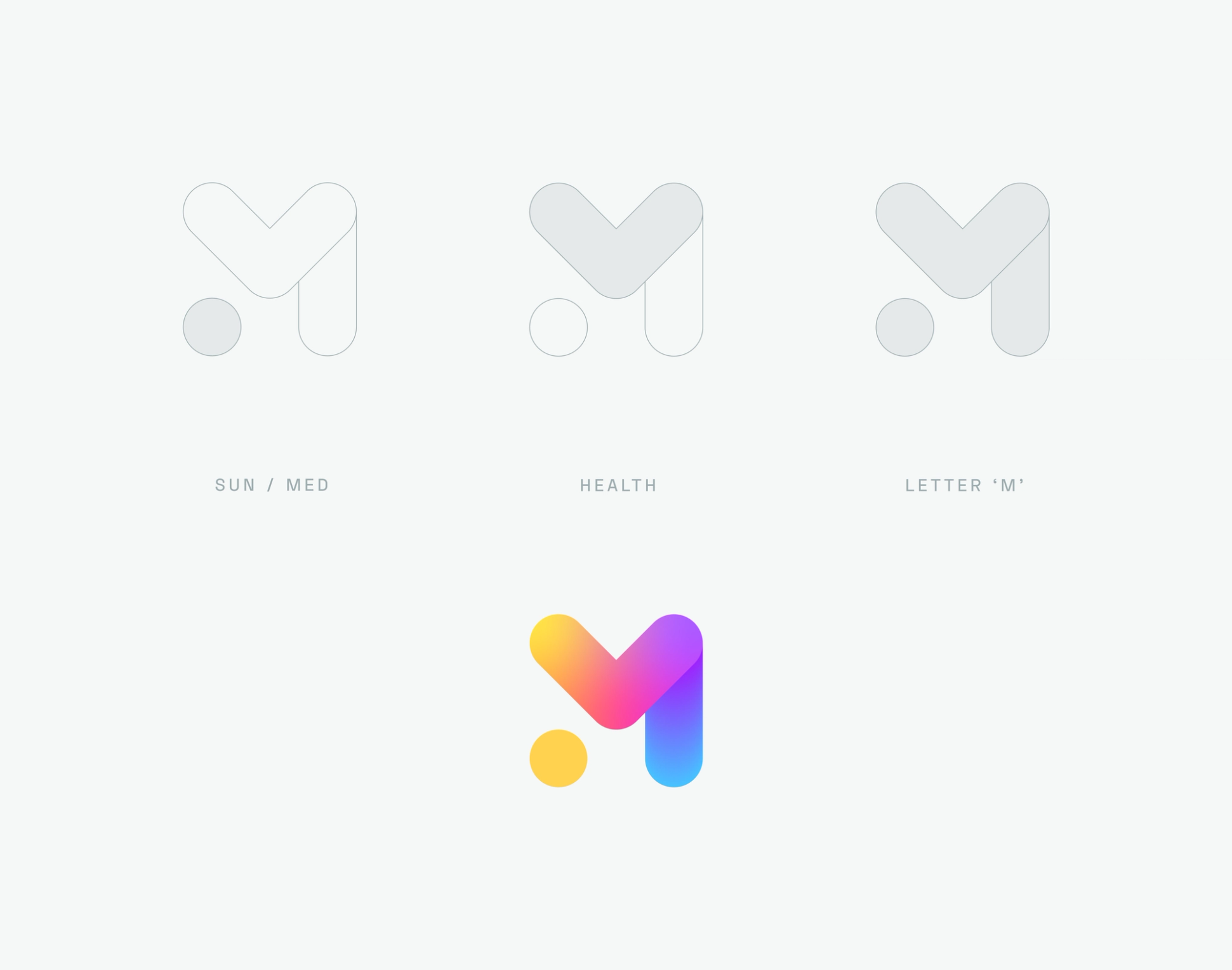 M logo design variations with abstract symbols representing sun/med, health, and letter ‘M,’ featuring a colorful gradient version at the bottom.