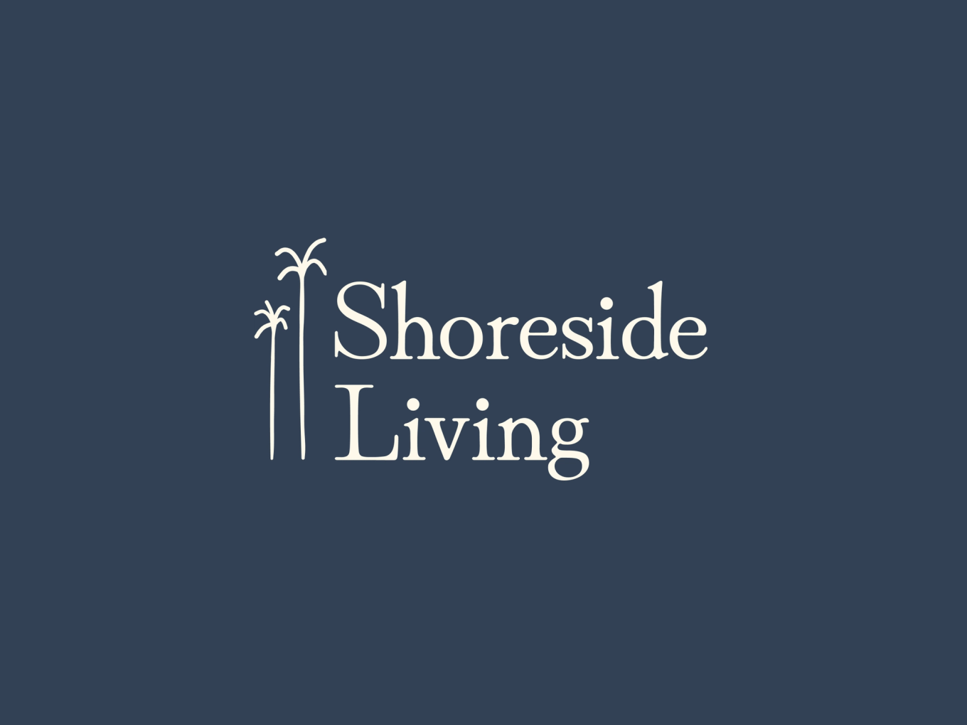 Elegant logo for Shoreside Living, featuring palm trees next to a refined serif typeface, set against a deep navy blue background.