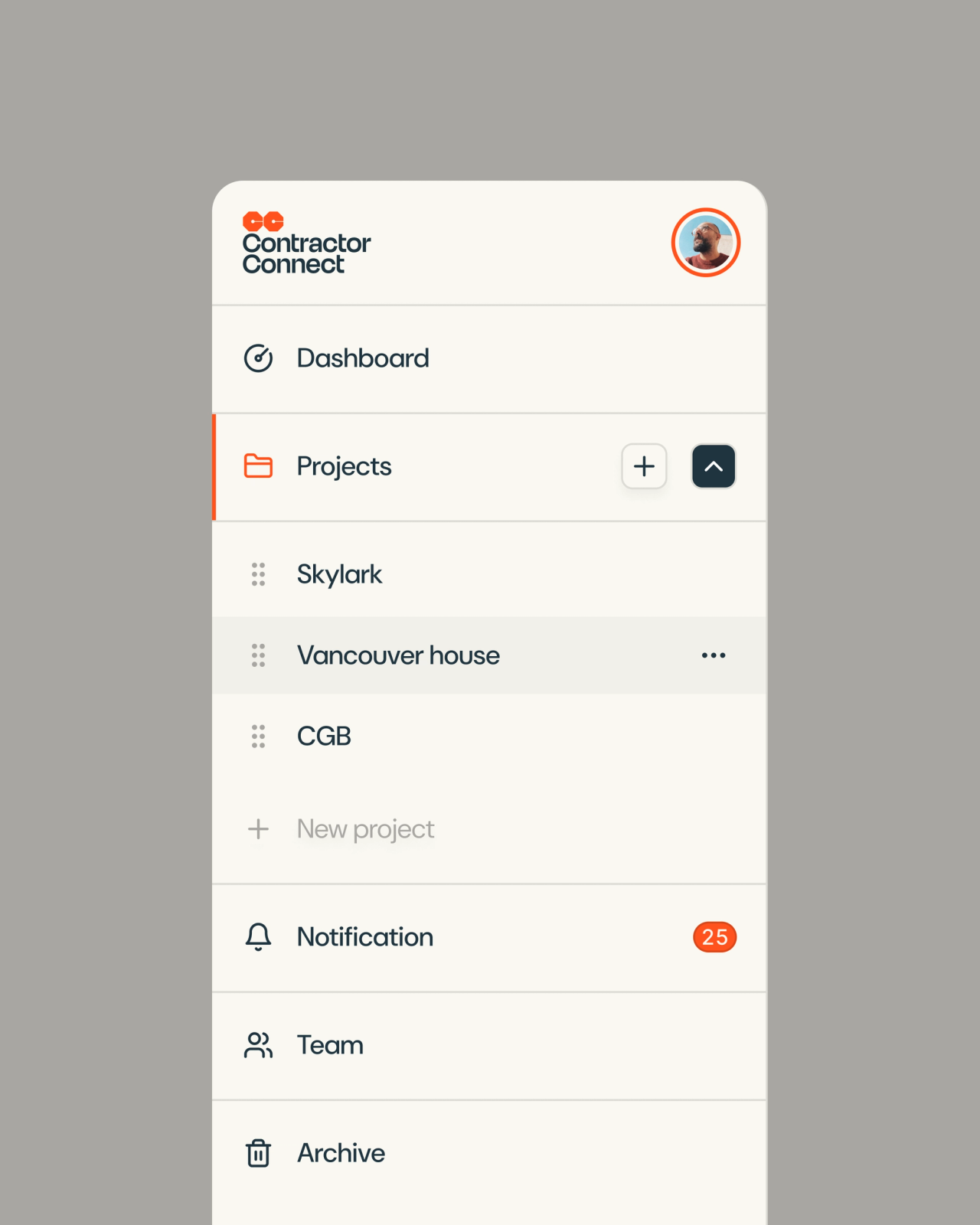 Mobile app interface for Contractor Connect, displaying a dashboard with project lists, notifications, and team management options.