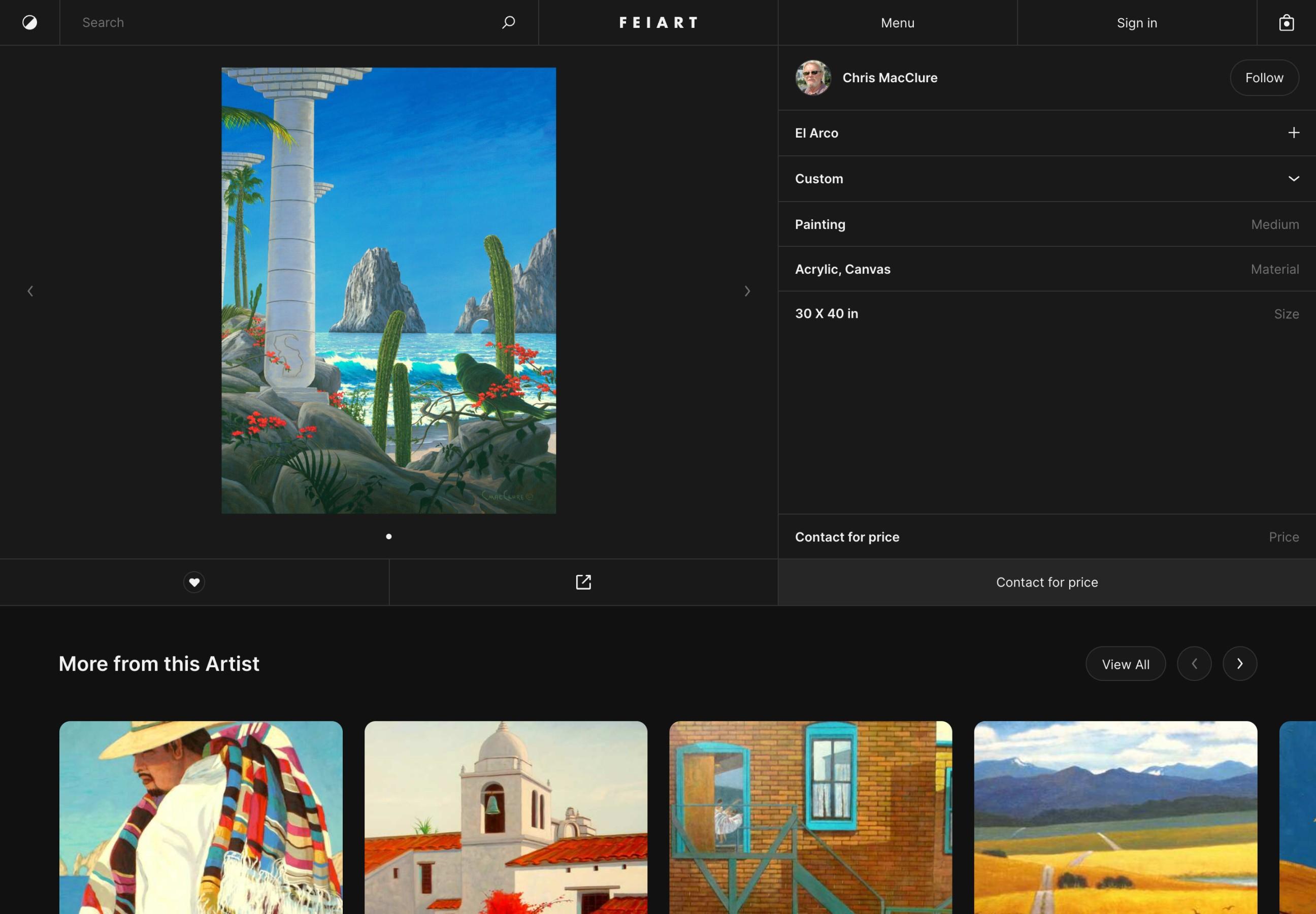 Art commerce product page showing one unique work, artist context, product details, and purchase actions.