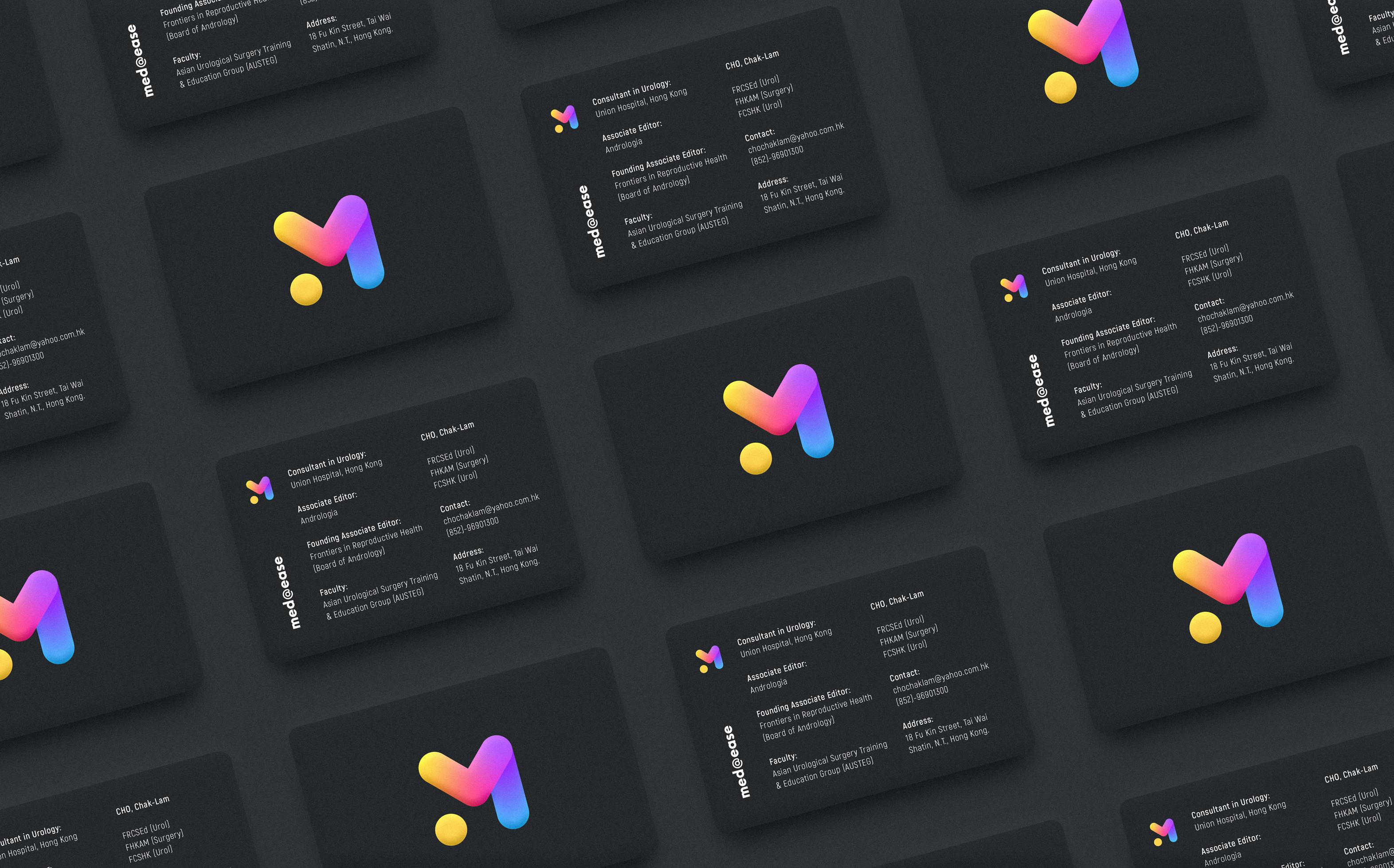 Business cards with colorful 'med@ease' logo and professional details for Dr. CHO Chak-Lam, Consultant in Urology.