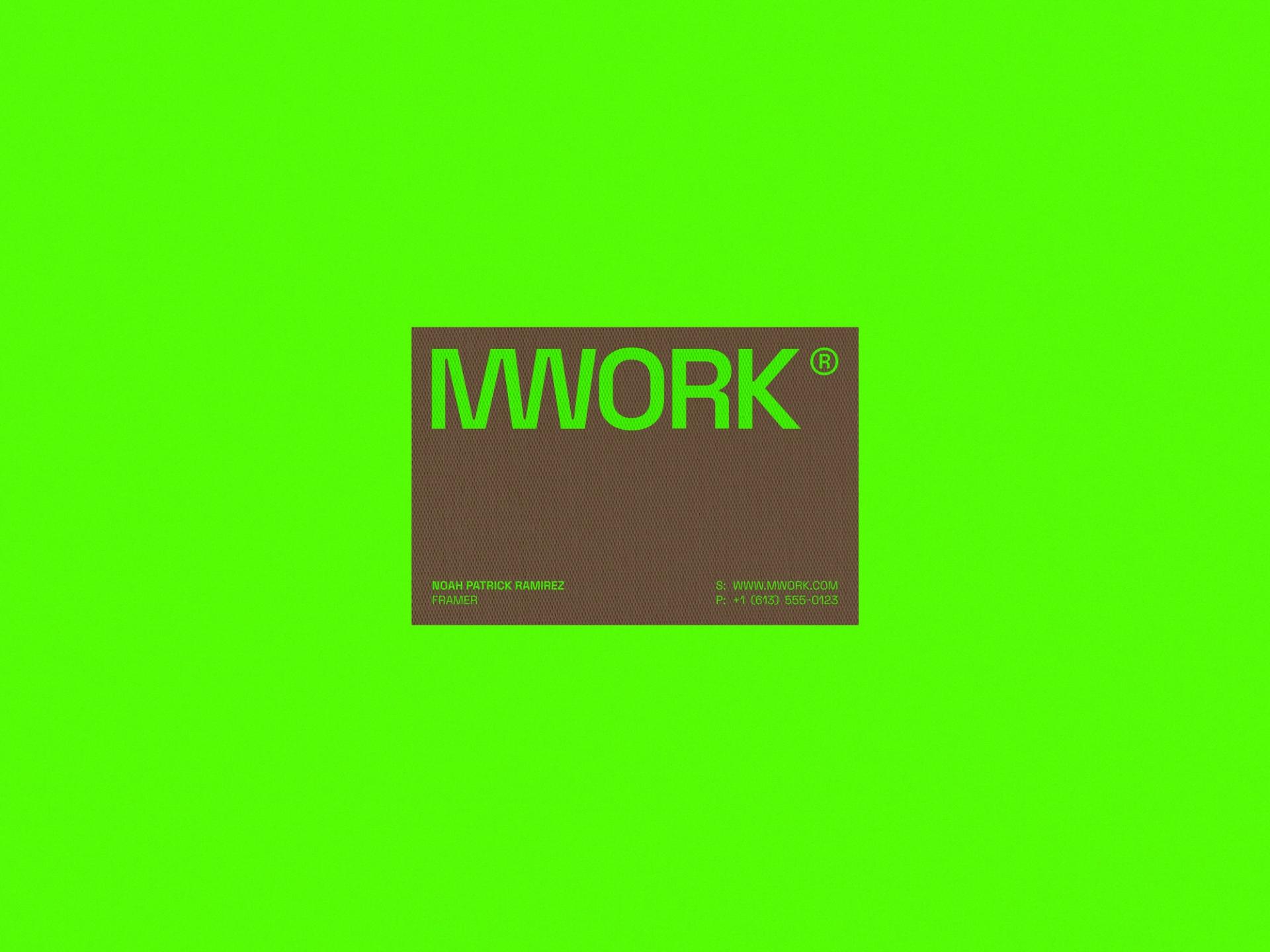 MWORK branded business card with bold green text displaying contact information, role/job, and website URL.