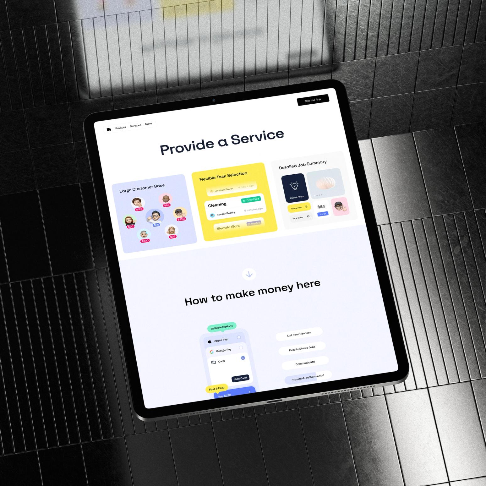 iPad screen showing service platform with customer base, flexible task selection, and job details for providers.
