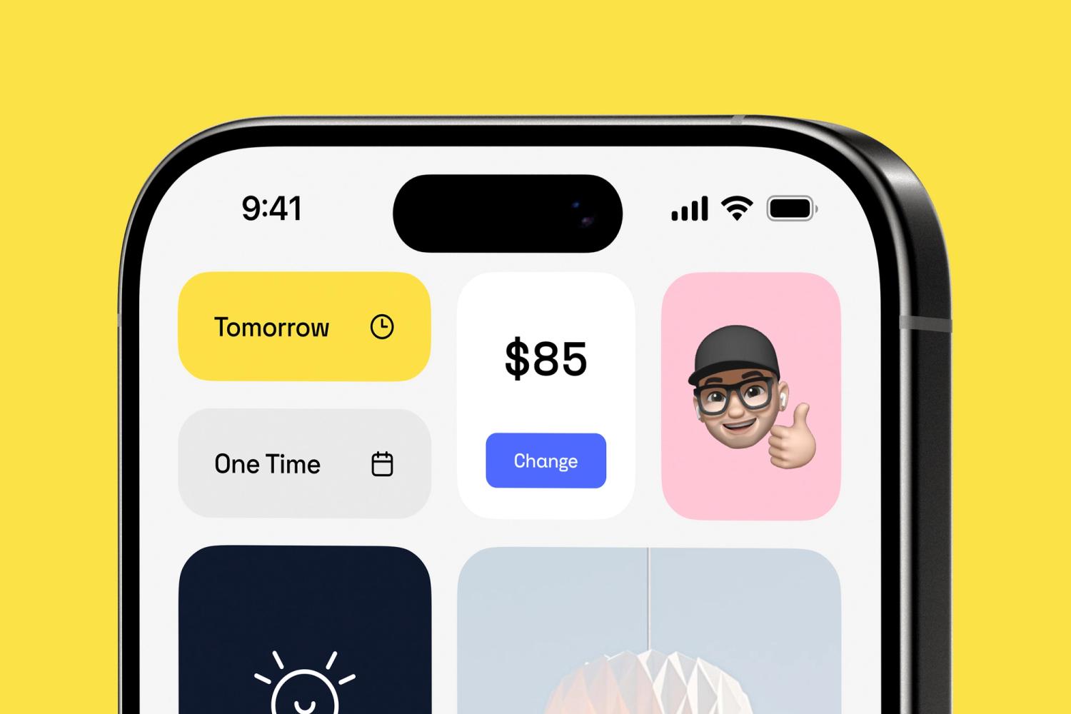 Mobile app screen displaying a service booking interface with options for pricing, time selection, and a user profile with a thumbs-up emoji.