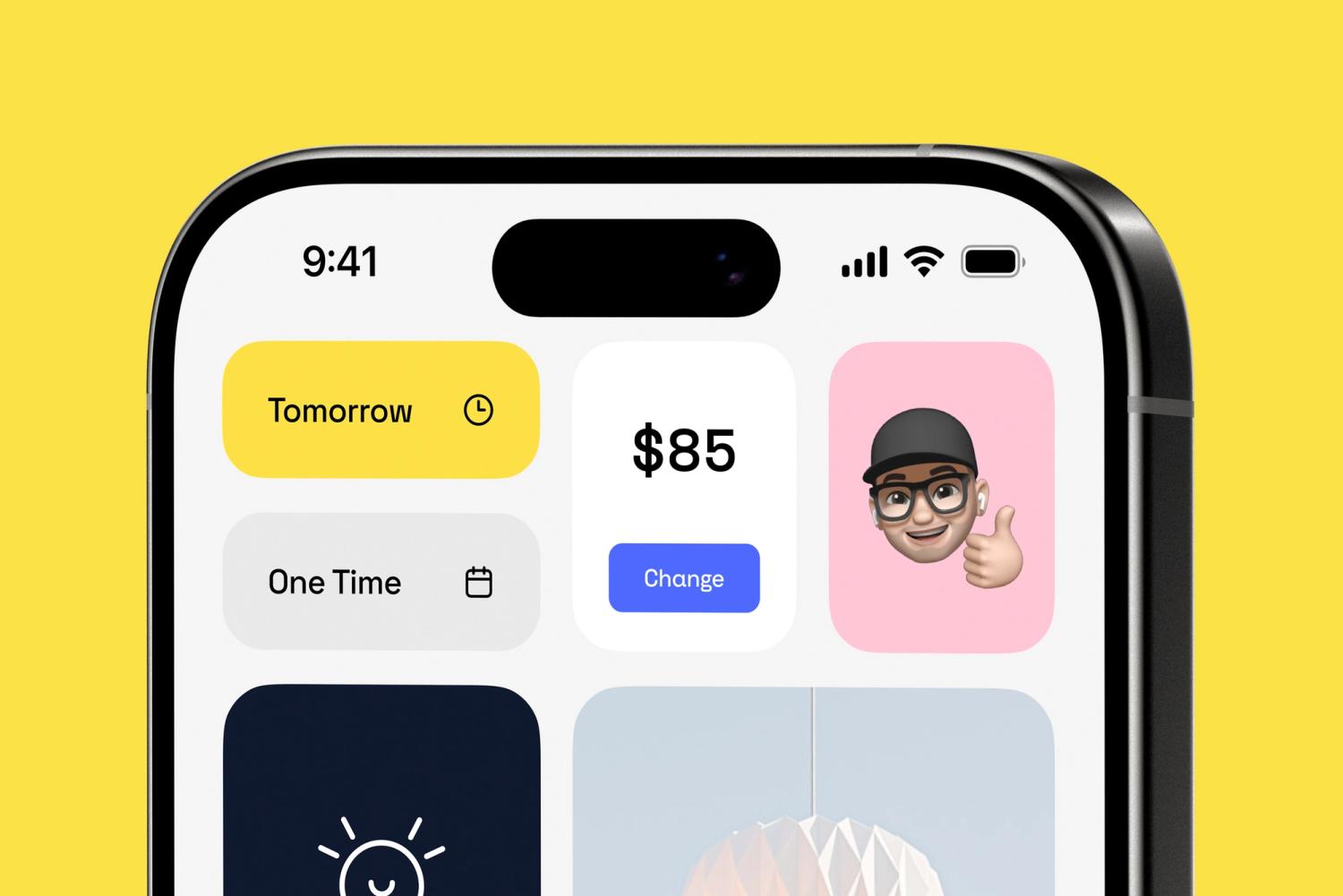 Mobile app screen displaying a service booking interface with options for pricing, time selection, and a user profile with a thumbs-up emoji.