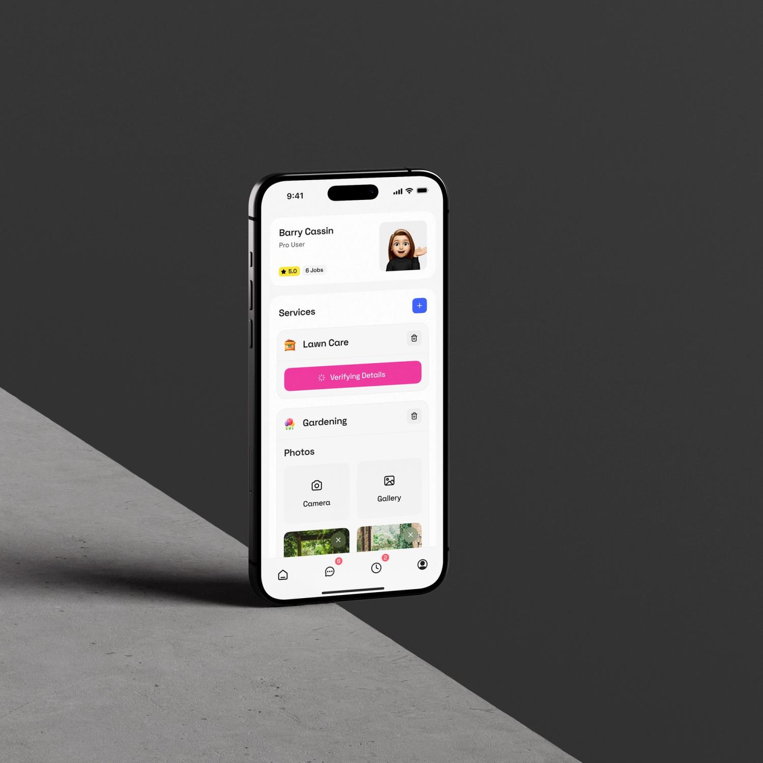 Mobile app profile screen for Barry Cassin, a Pro User, displaying services like lawn care and gardening, with photos and details verification.