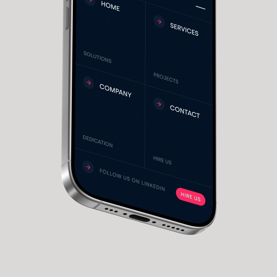 Mobile website menu design showing navigation links for Home, Services, Company, Contact, and Hire Us with modern icons and responsive layout.