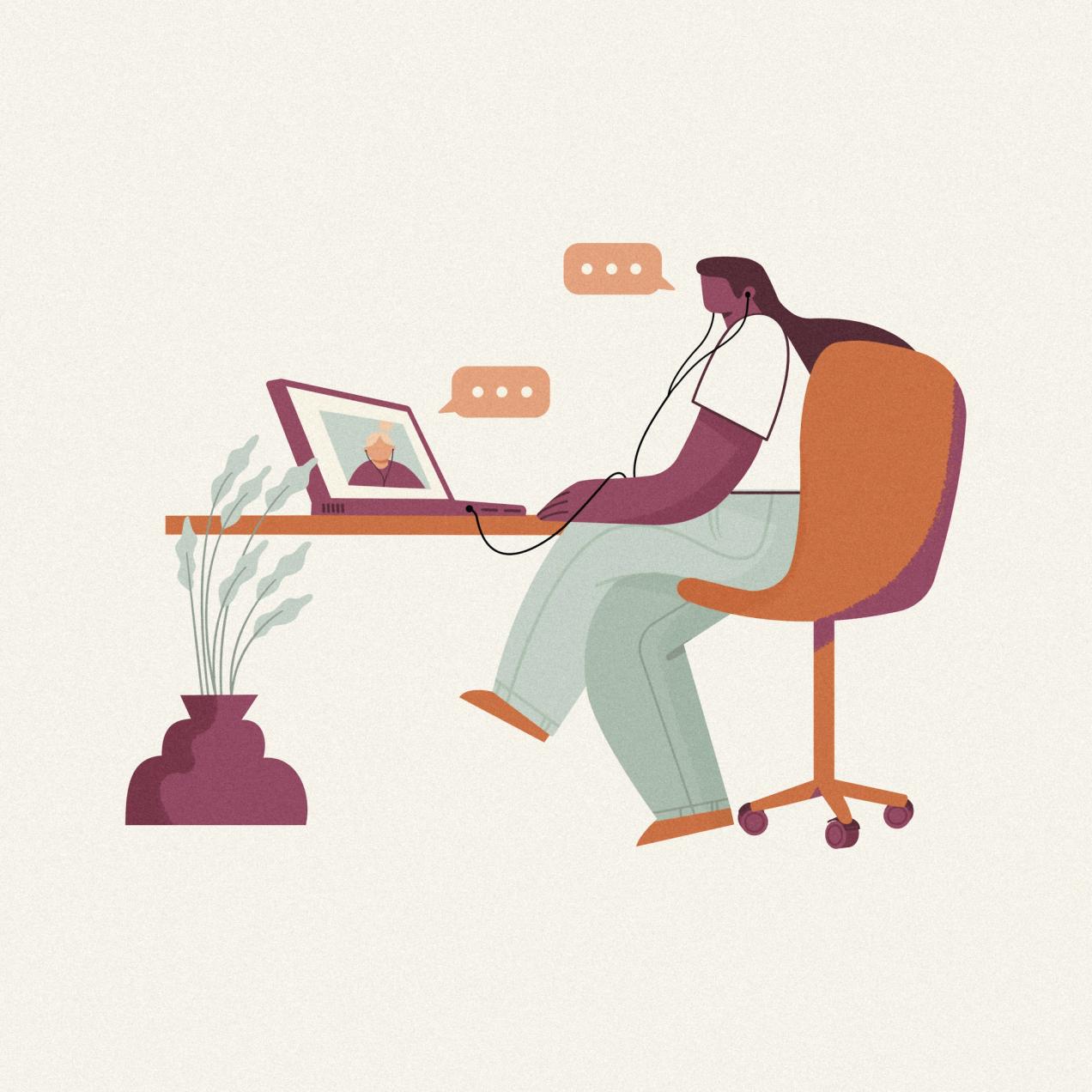 Illustration of a person in a video call, using a laptop with speech bubbles, representing remote communication and digital connection.