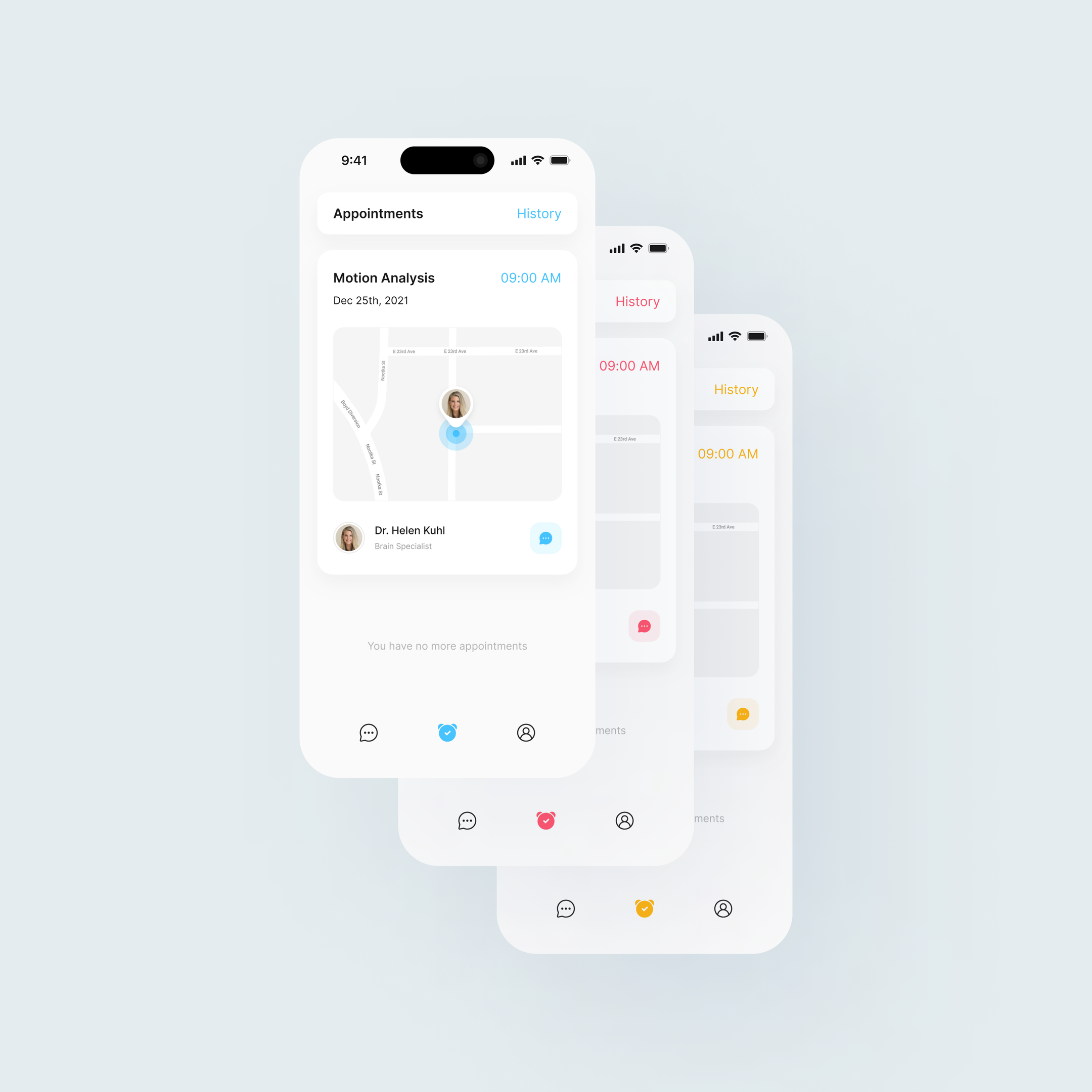 Mobile app interface design showing stacked appointment screens with doctor details, map, and responsive elements for iPhone.
