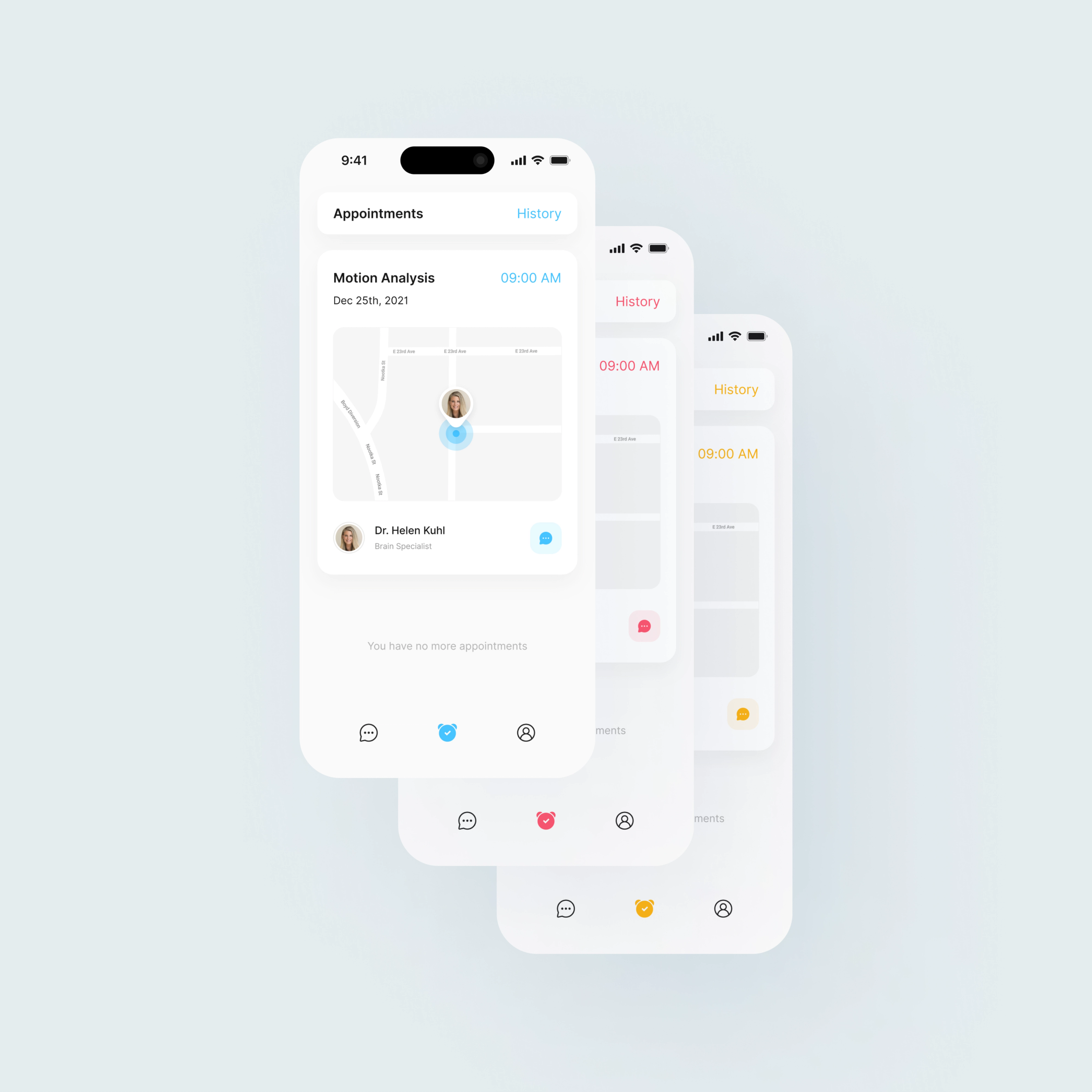 Mobile app interface design showing stacked appointment screens with doctor details, map, and responsive elements for iPhone.