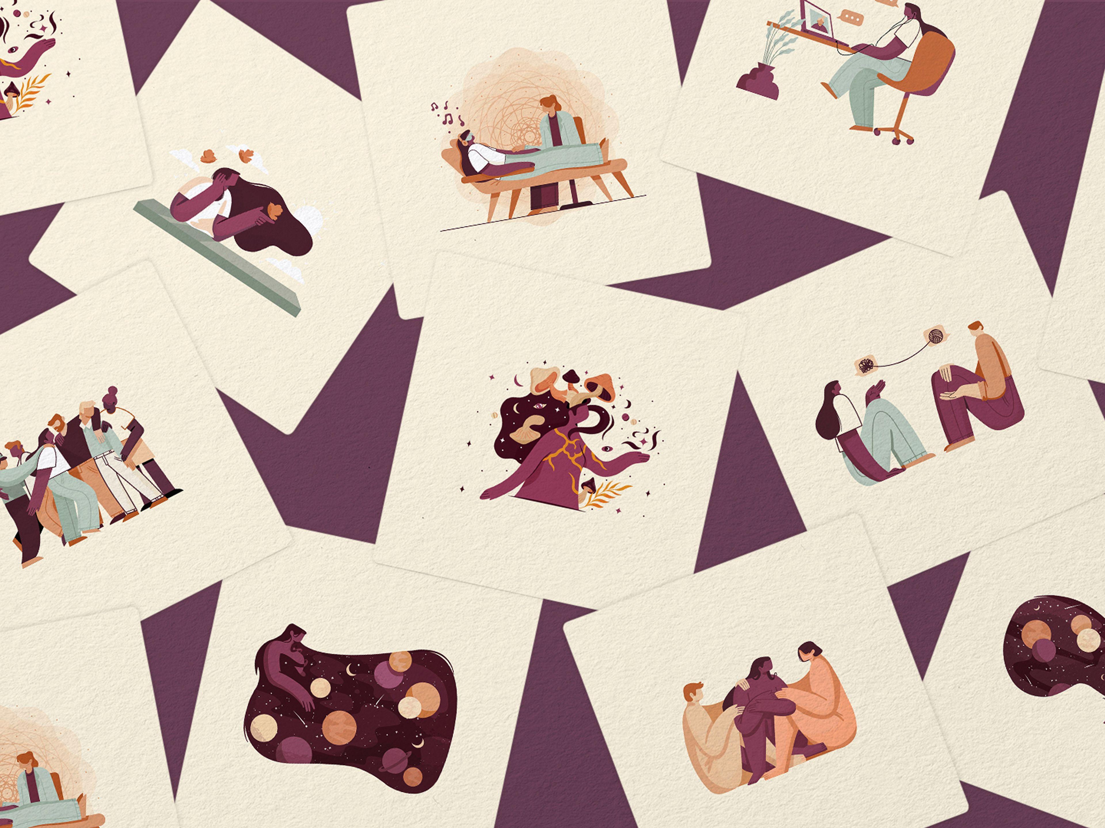 Set of illustrated cards in earthy plum tones showing therapy, emotion, and abstract counseling scenes.
