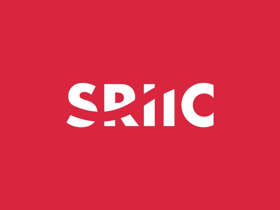 SRIC logo with dynamic letter design on red background.