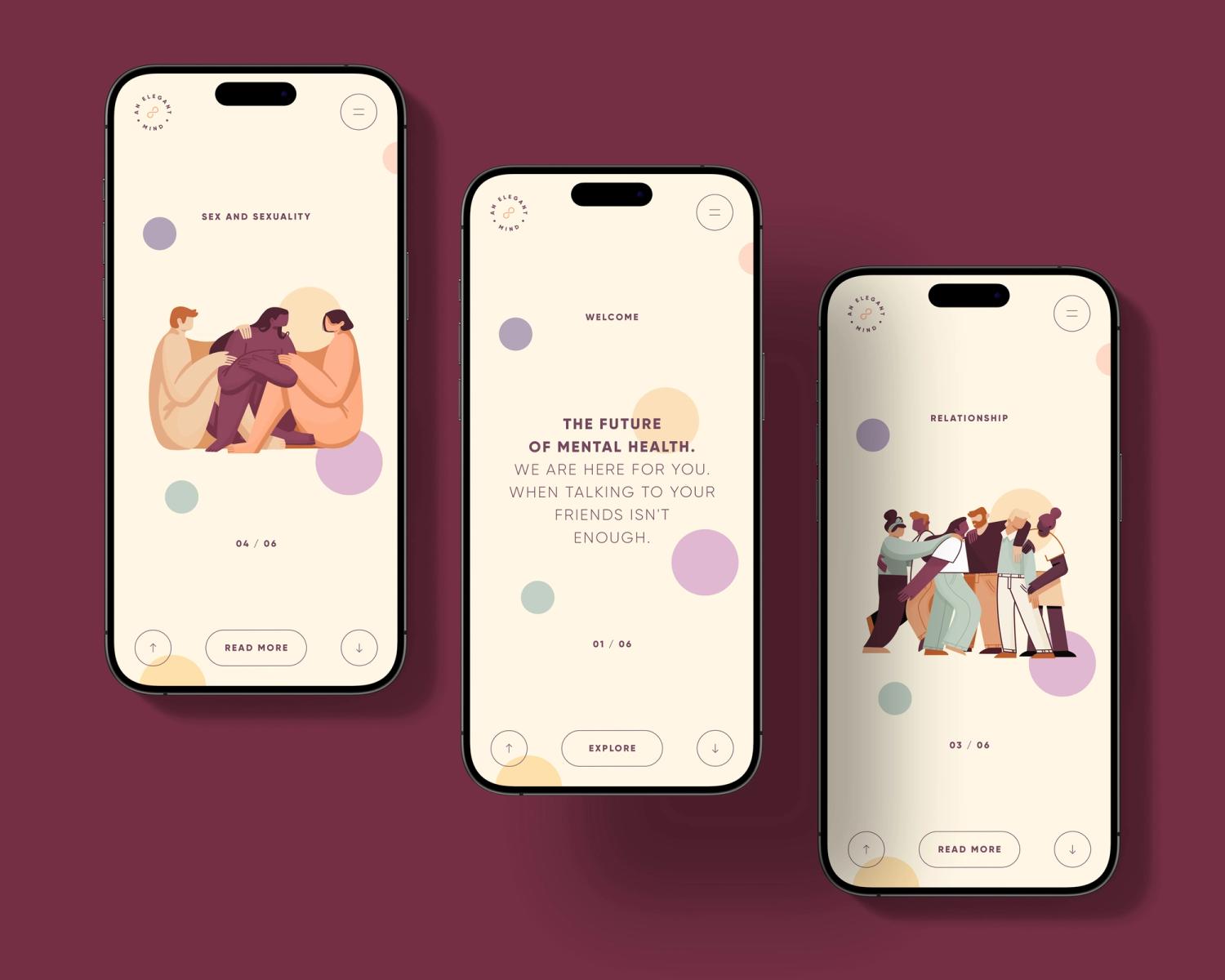 Mobile app design for mental health support with illustrated sections on sex, relationships, and mental health, featuring modern user interface design.