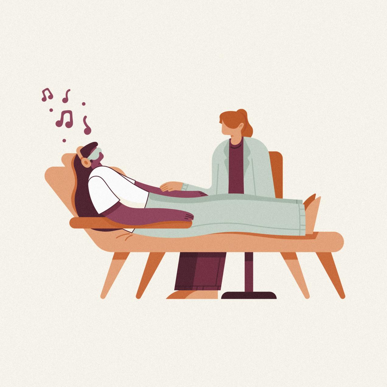 Illustration of a therapy session with a patient relaxing and listening to music, guided by a professional therapist.