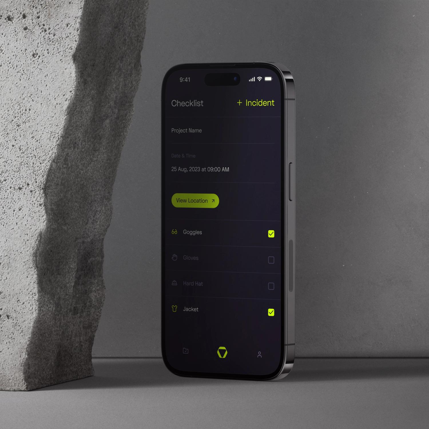 Mobile app checklist for project management, featuring safety gear selection with goggles, gloves, hard hat, and jacket, powered by Opussafe branding and design.