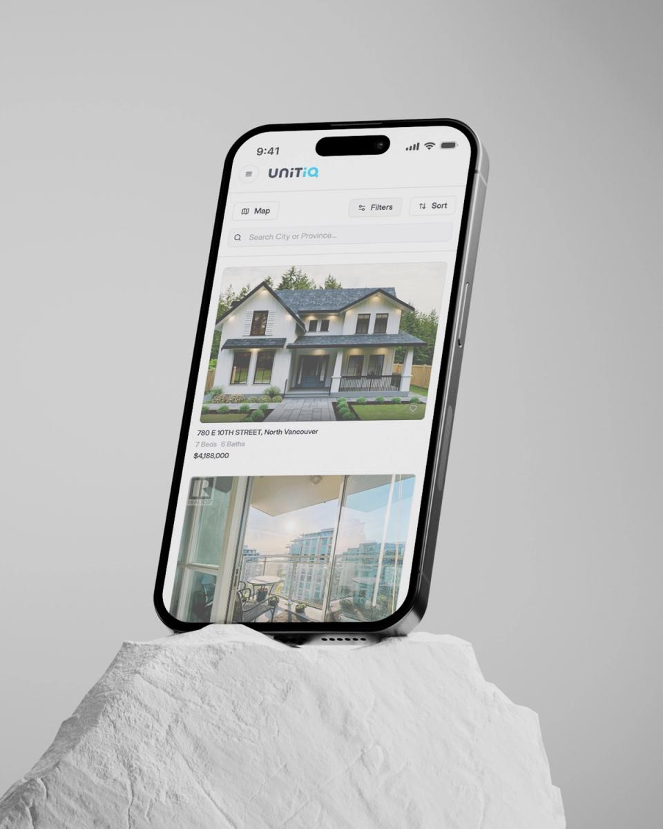 Real estate listing on the UnitIQ app displayed on a smartphone, showcasing a luxury home in North Vancouver with 7 beds, 6 baths, priced at $4,188,000.