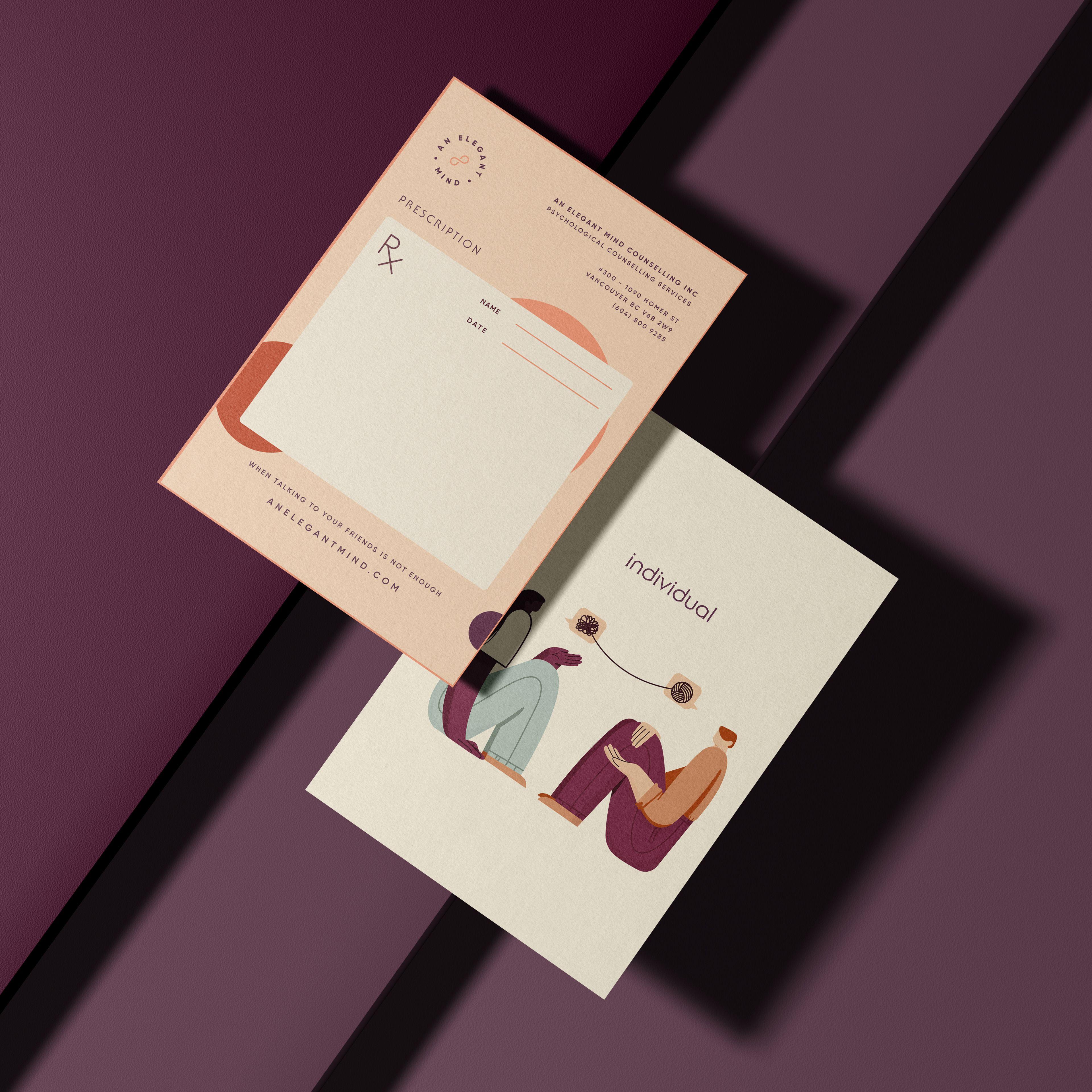 An Elegant Mind branded prescription pad and flyer in peach and cream on a plum background.