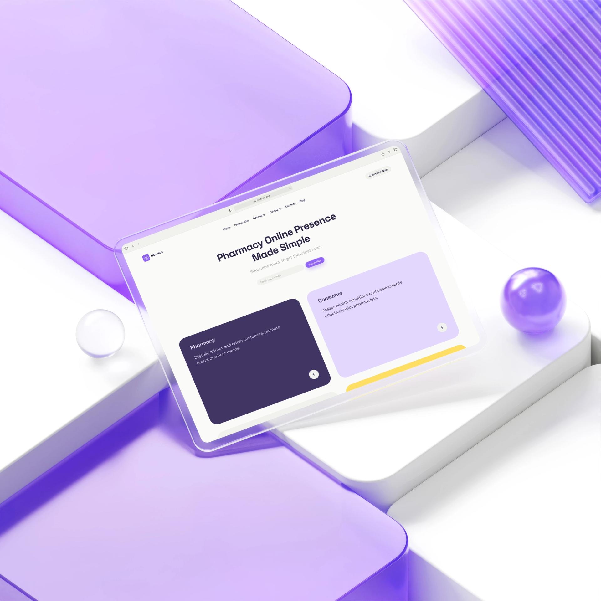 Website design for a pharmacy online presence, showcasing a clean, modern layout with sections for pharmacy and consumer services.