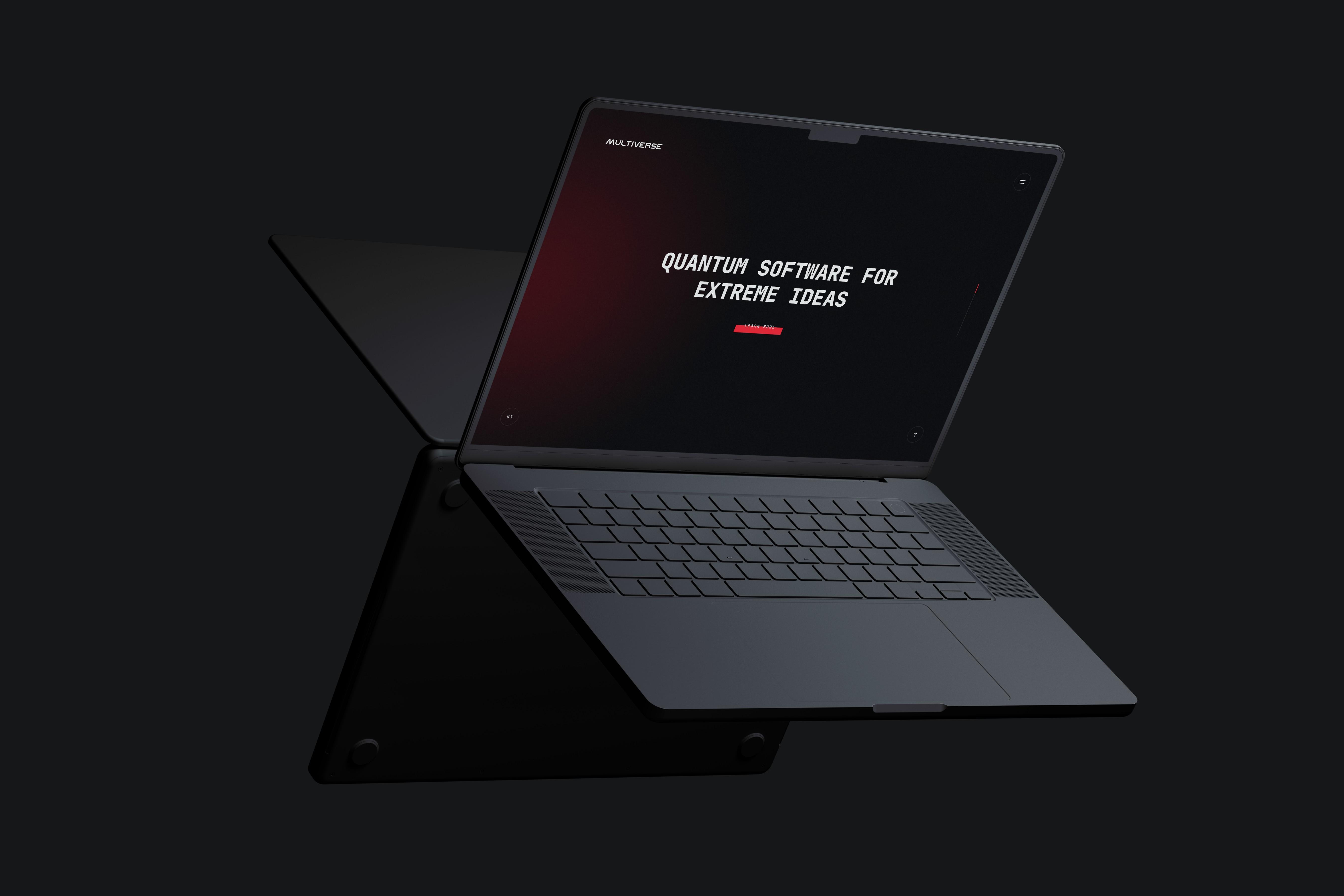 Multiverse website displayed on a laptop with a dark interface and concise product messaging.