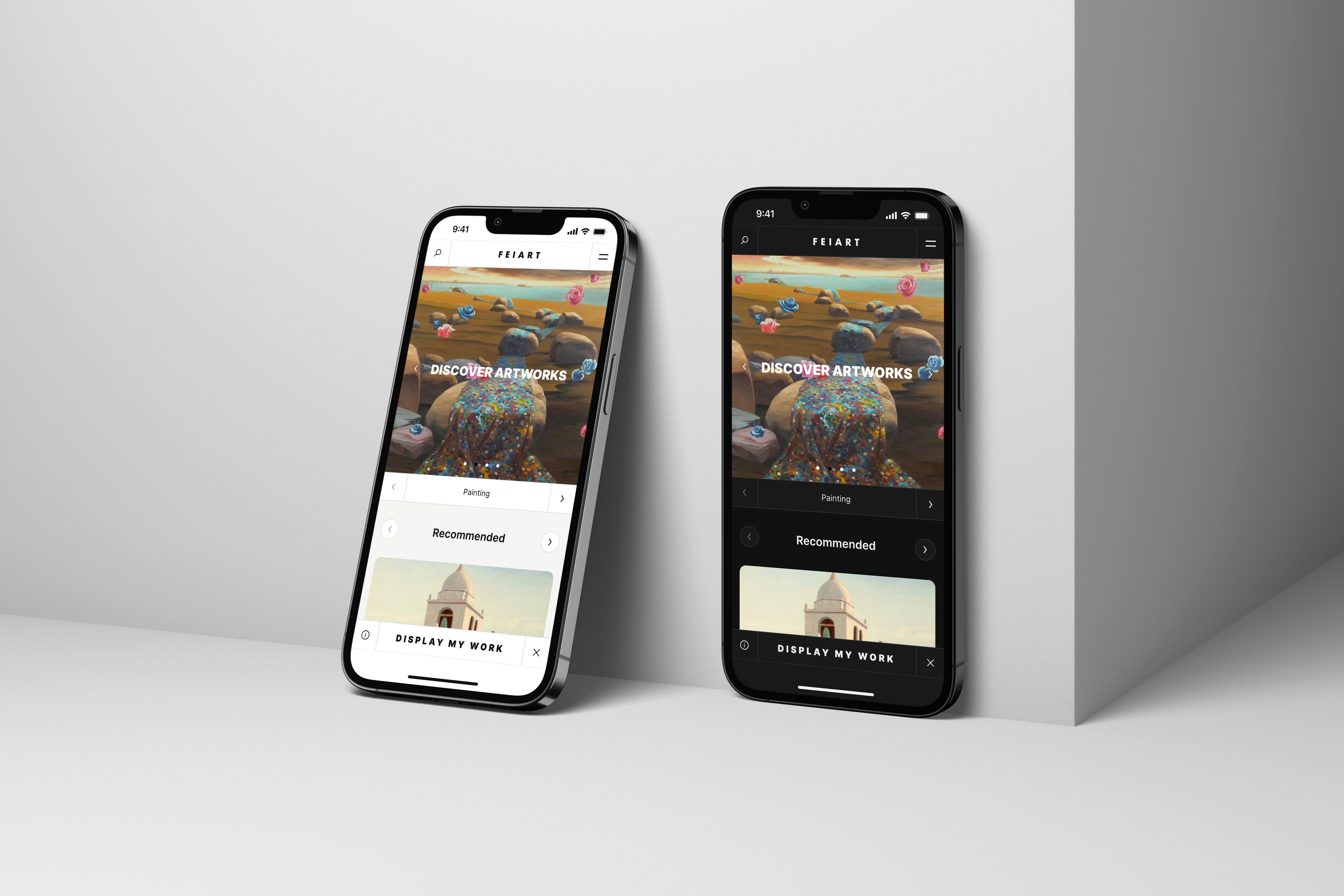 Responsive art marketplace interfaces displayed across mobile screens with product browsing and account views.