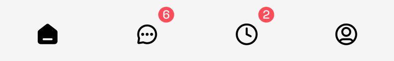 Minimal bottom navigation UI with four black icons on a white background: home, messages with a red badge showing 6, activity/clock with a red badge showing 2, and a profile icon.