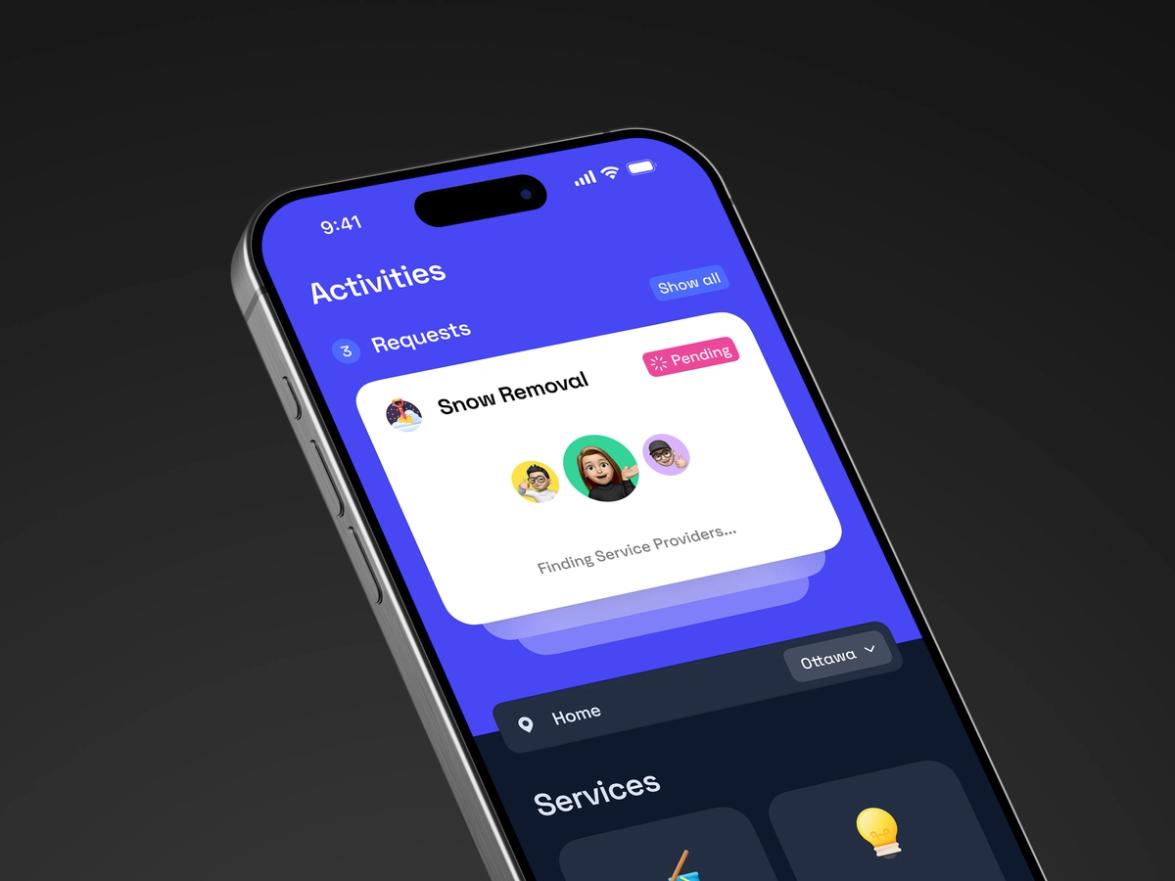 Mobile app displaying snow removal request with pending status, finding service providers in Ottawa, with clean and modern UI design.