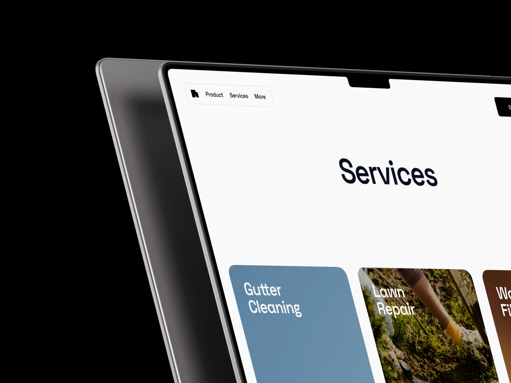 An angled MacBook displays Ample’s services page, with cards for gutter cleaning and lawn repair against a black background.