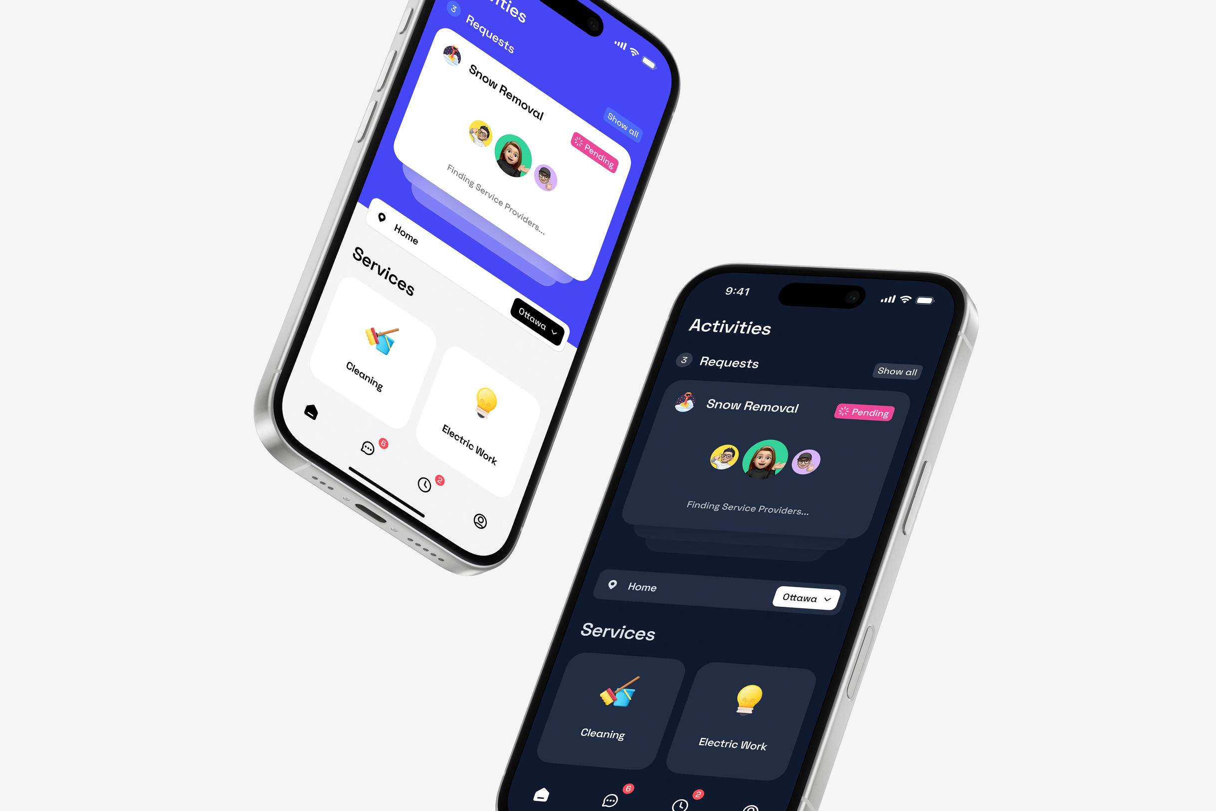 Custom-designed mobile app interface showcasing services like Cleaning, Electric Work, and Snow Removal, with an intuitive layout.