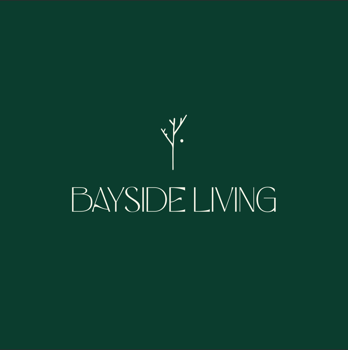 Bayside Living logo with minimalist tree design and elegant typography in white on a green background.
