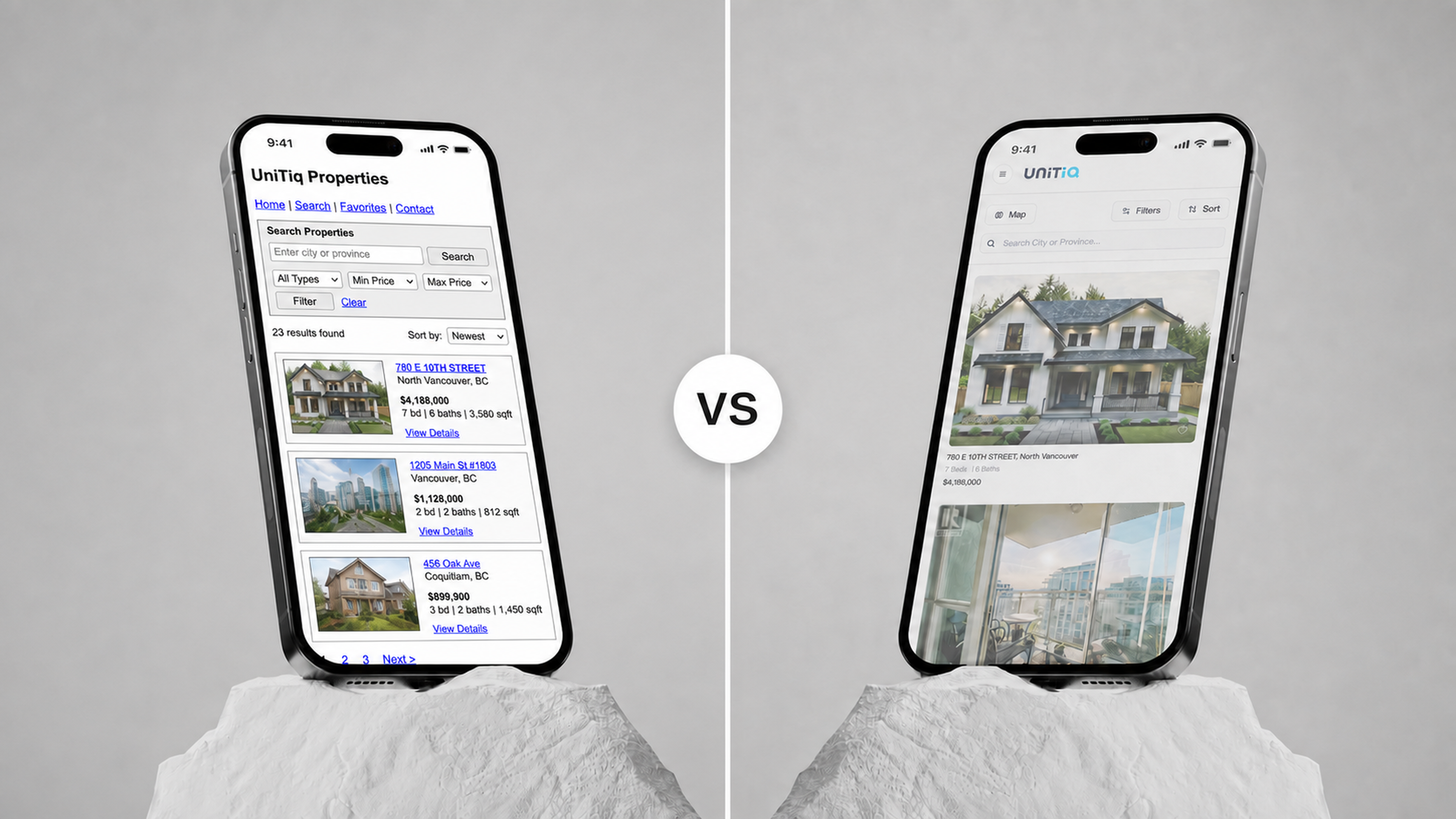 Two UnitIQ app concepts on matching phones: a basic interface on the left and Hooman Studio's polished design on the right.