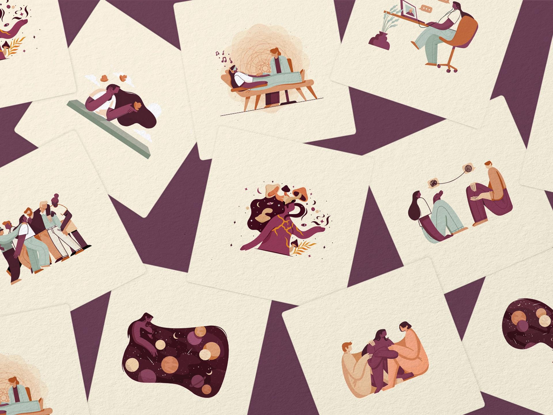 Set of illustrated cards showing therapy, emotions, and abstract scenes in earthy plum tones.
