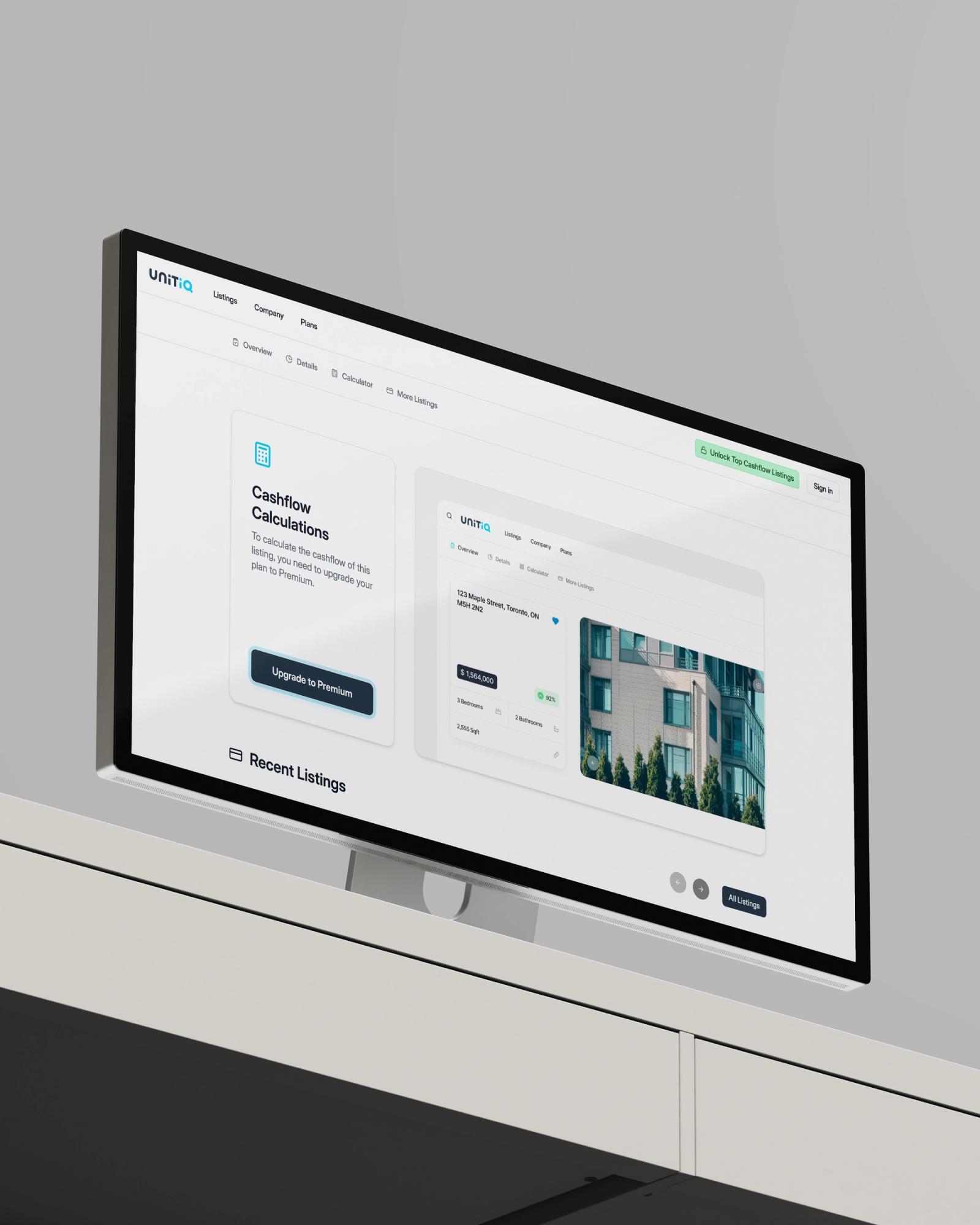 Real estate website dashboard showcasing cashflow calculation feature, listing details for a Toronto property, and premium upgrade option.
