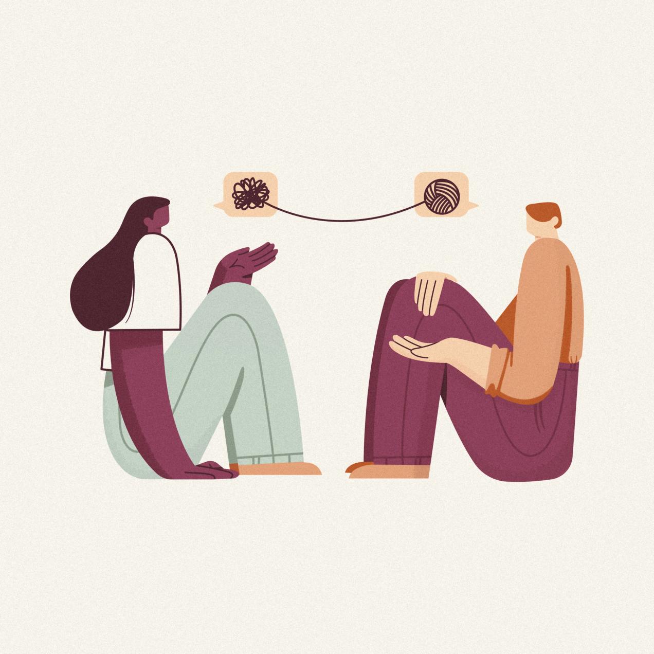 Anxiety counseling illustration showing two people connected through a yarn symbolizing emotional support.