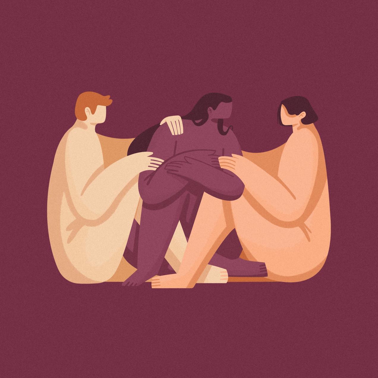 Illustration of three figures offering emotional support, representing themes of mental health, empathy, and connection.