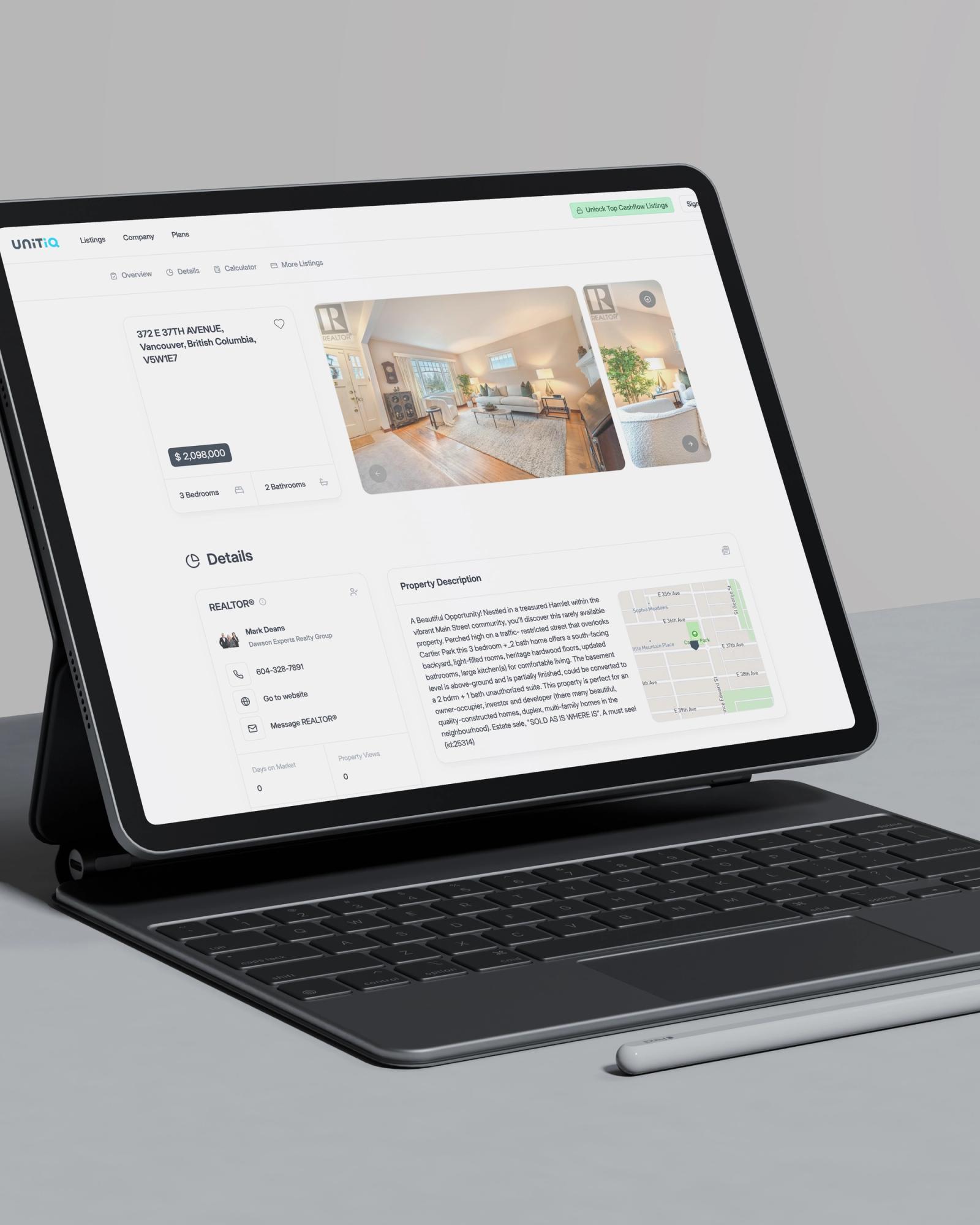 Real estate listing page on tablet showing property details, images, agent contact info, and interactive map for Vancouver home.
