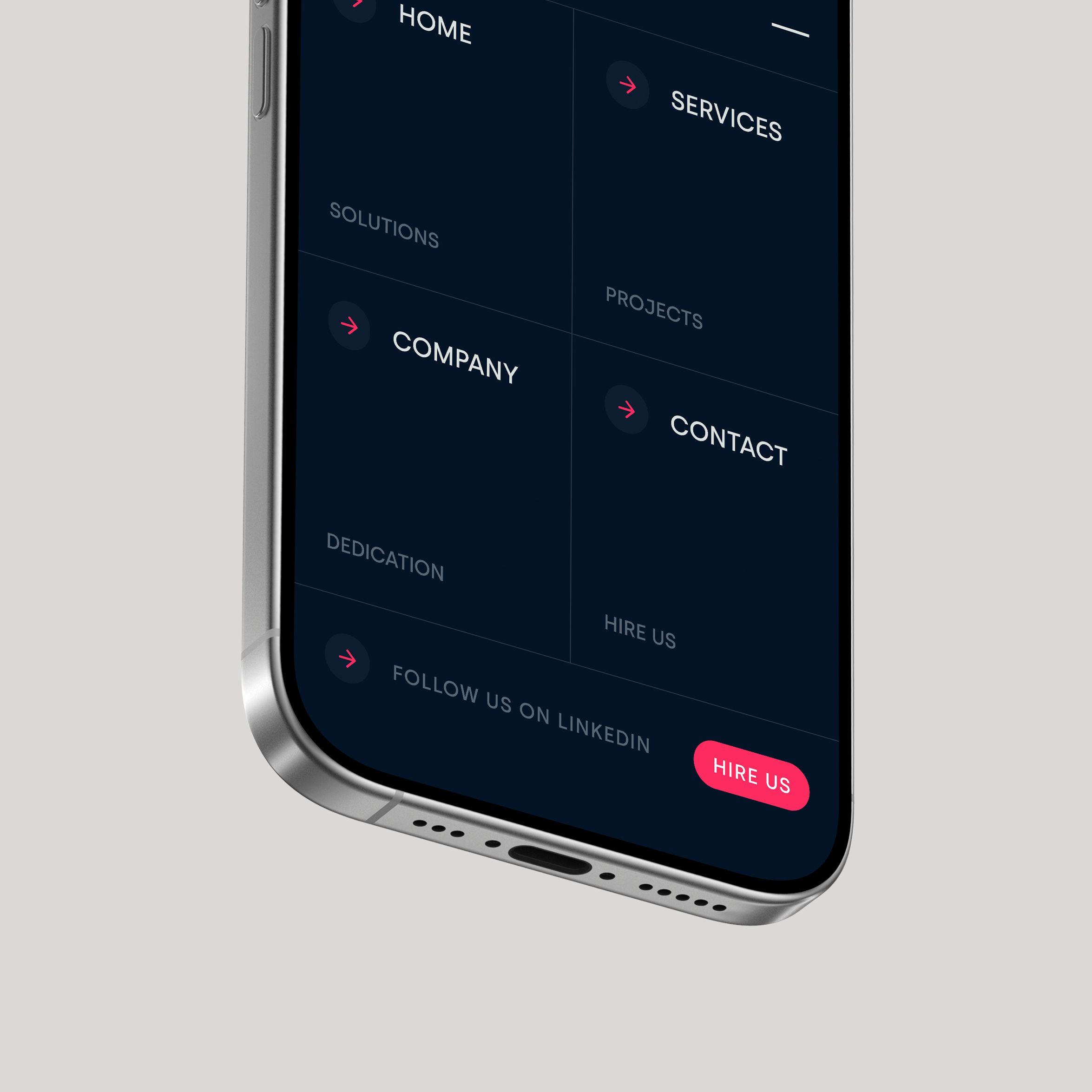 Leeson Engineering mobile website menu showing five navigation items: Home, Services, Company, Contact, Hire Us.
