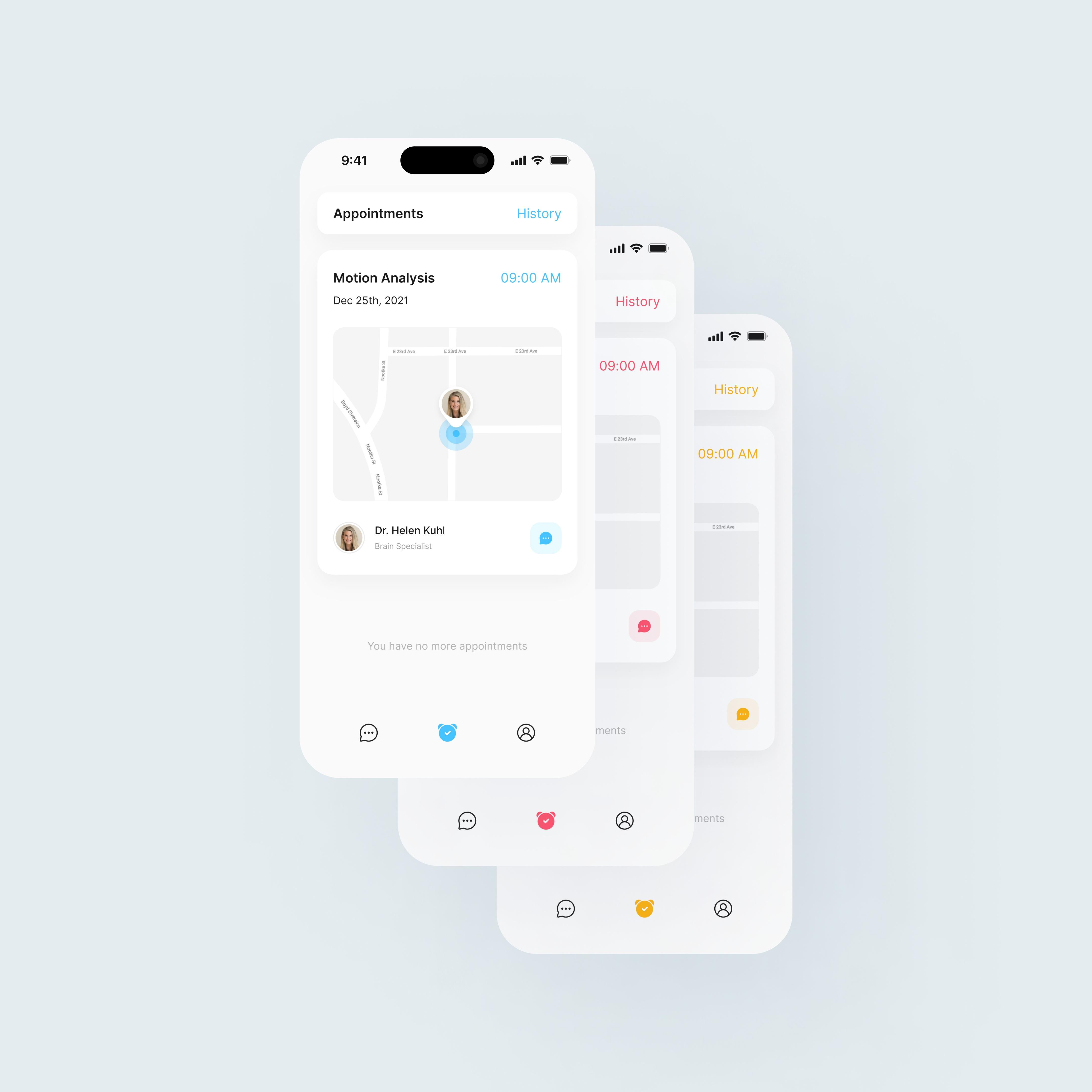 Med@Ease mobile product showing a consistent patient experience across connected device states.