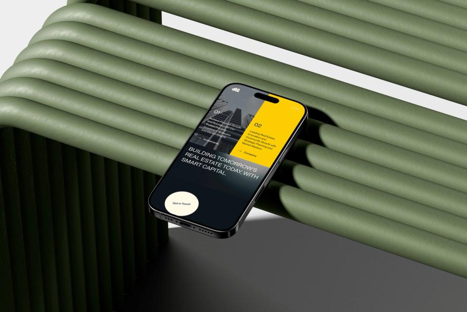 Mobile view of modern real estate investment website hero section, featuring bold messaging on smart capital, industry innovation, and financial growth strategies.