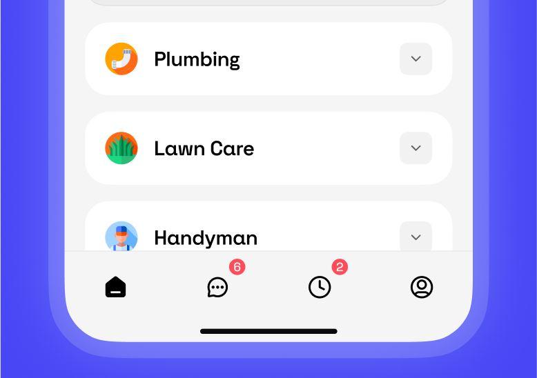 Bottom portion of a mobile app screen displaying a list of service categories, Plumbing, Lawn Care, and Handyman, with icons and dropdown arrows, plus a bottom navigation bar with home, messages (6 notifications), activity (2 alerts), and profile icons.
